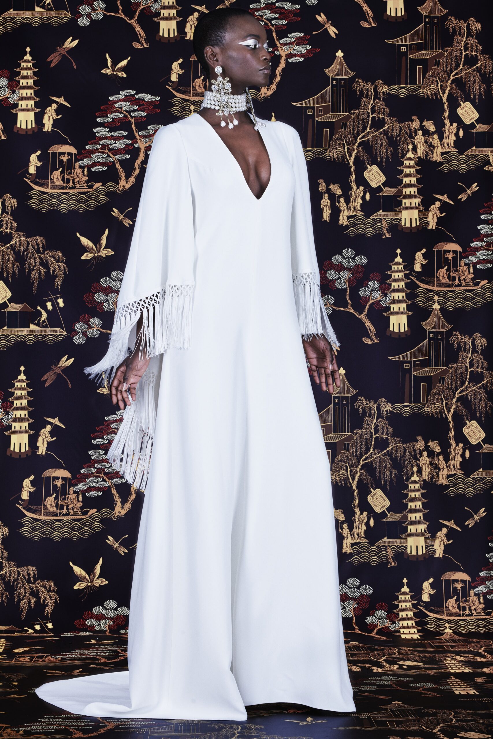 white silk fitted gown