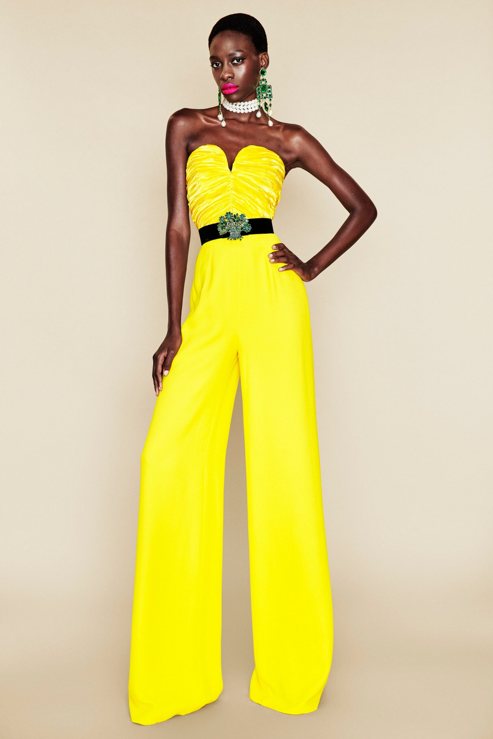 yellow strapless ruched jumpsuit