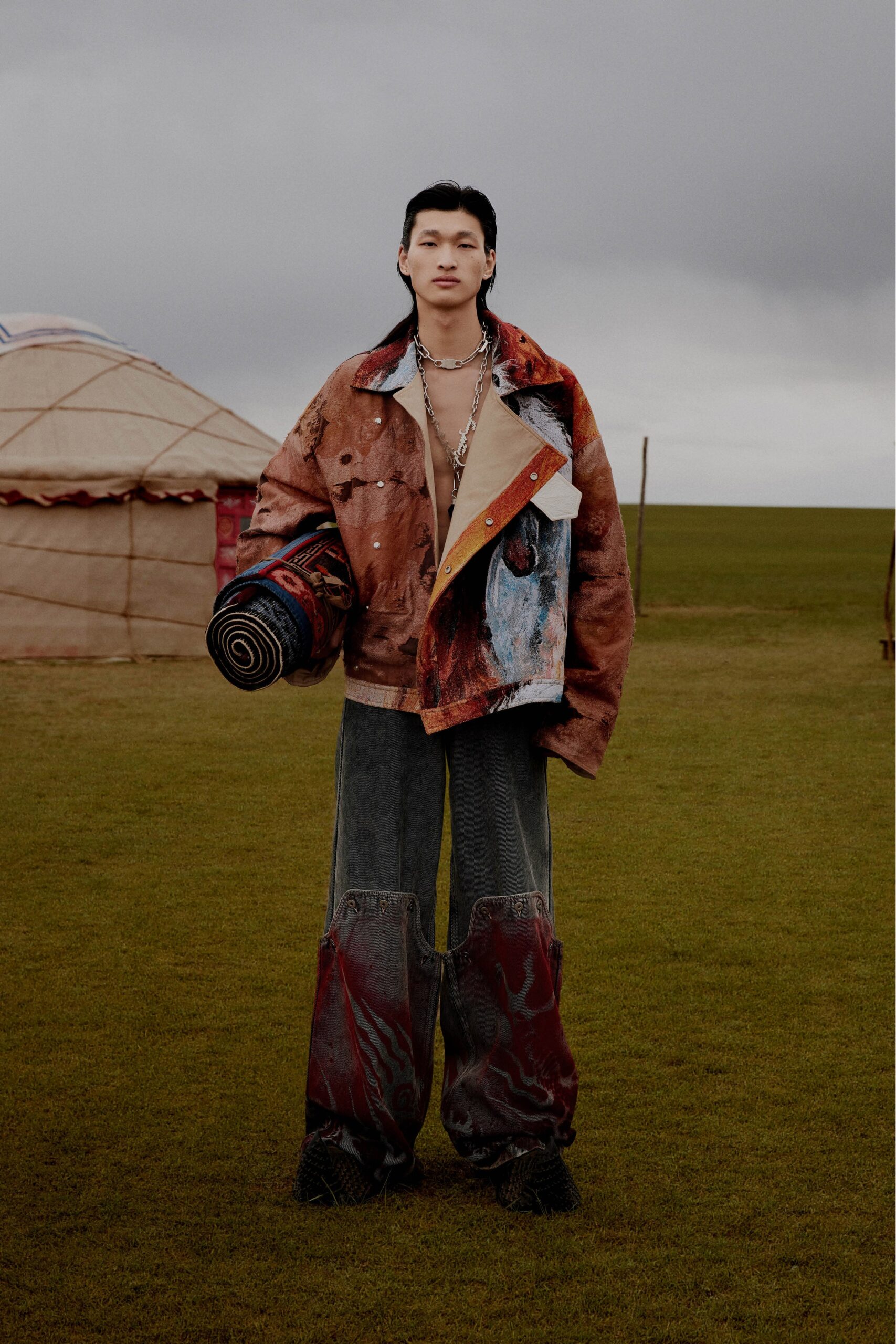 brown denim long-sleeve collared oversized layered zippered jacket