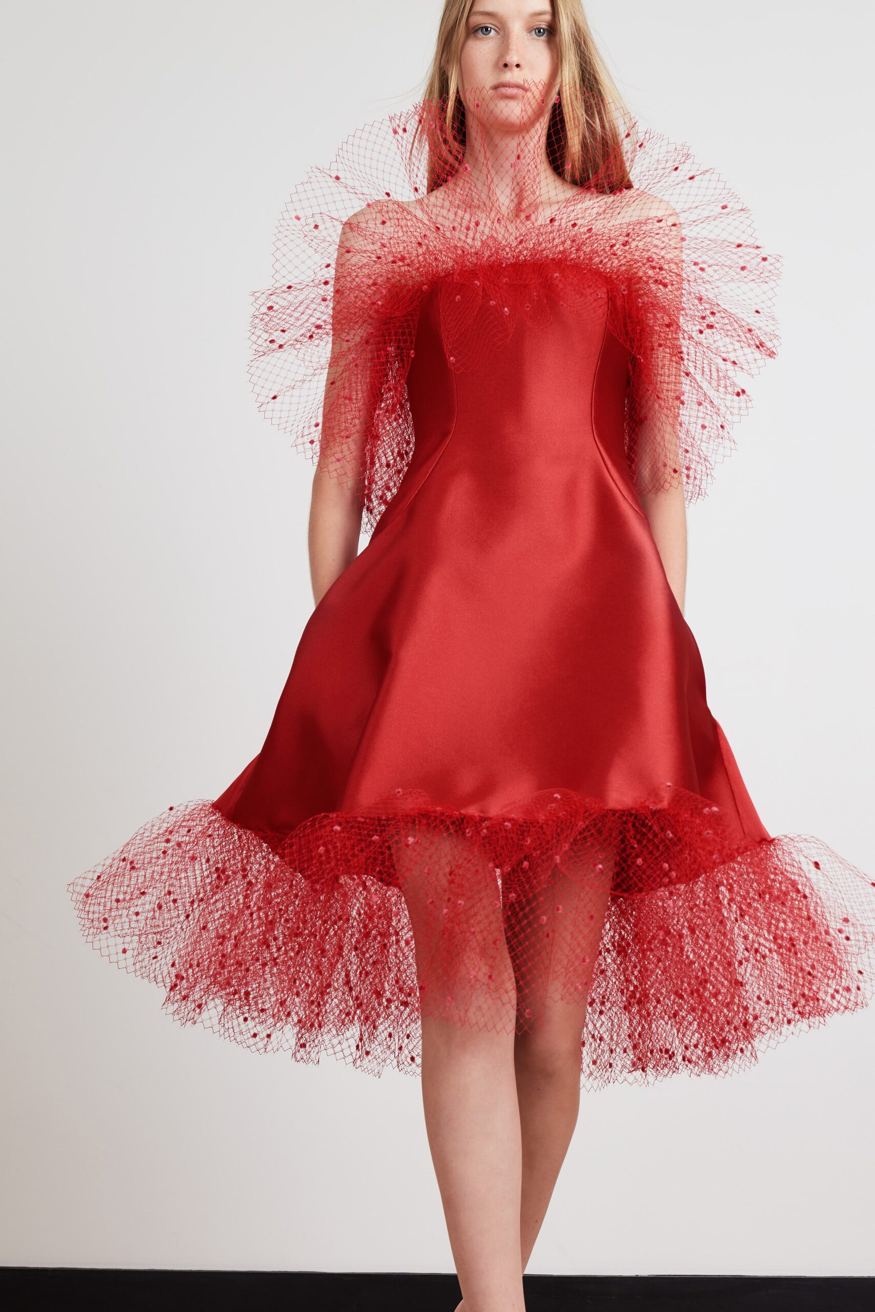 red silk ruffled mini dress