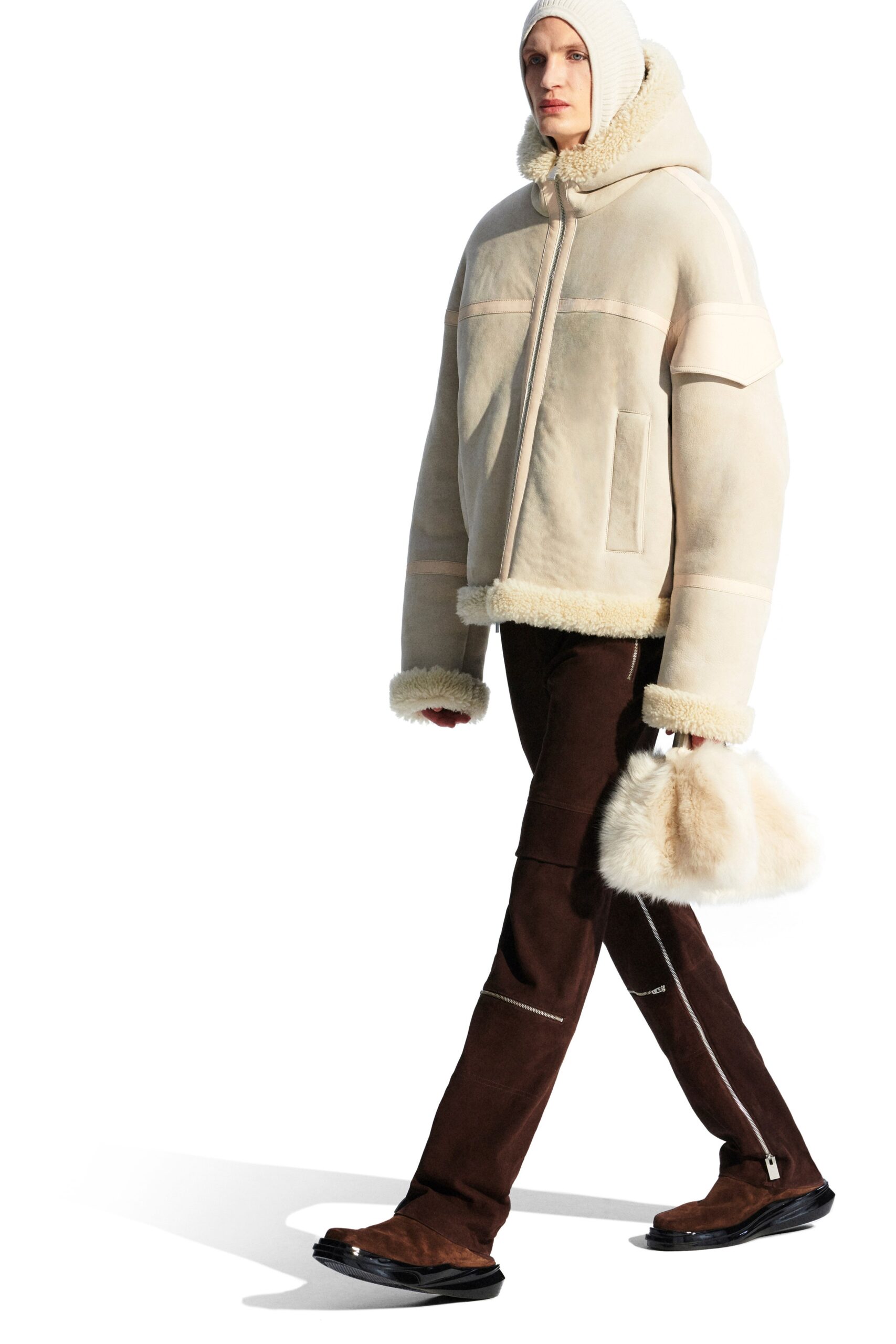 beige faux-fur long-sleeve hooded oversized zippered jacket