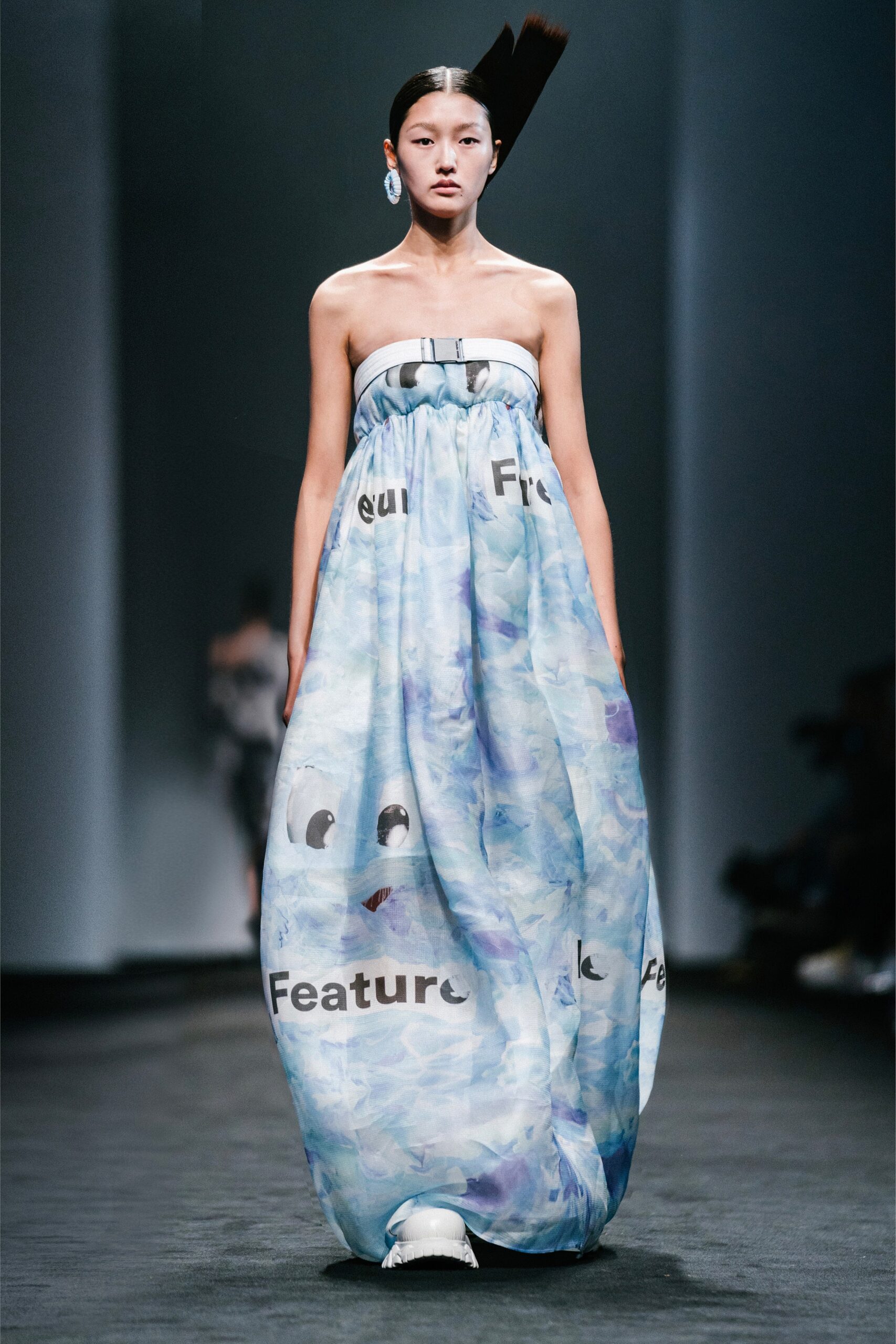 blue and white strapless gown