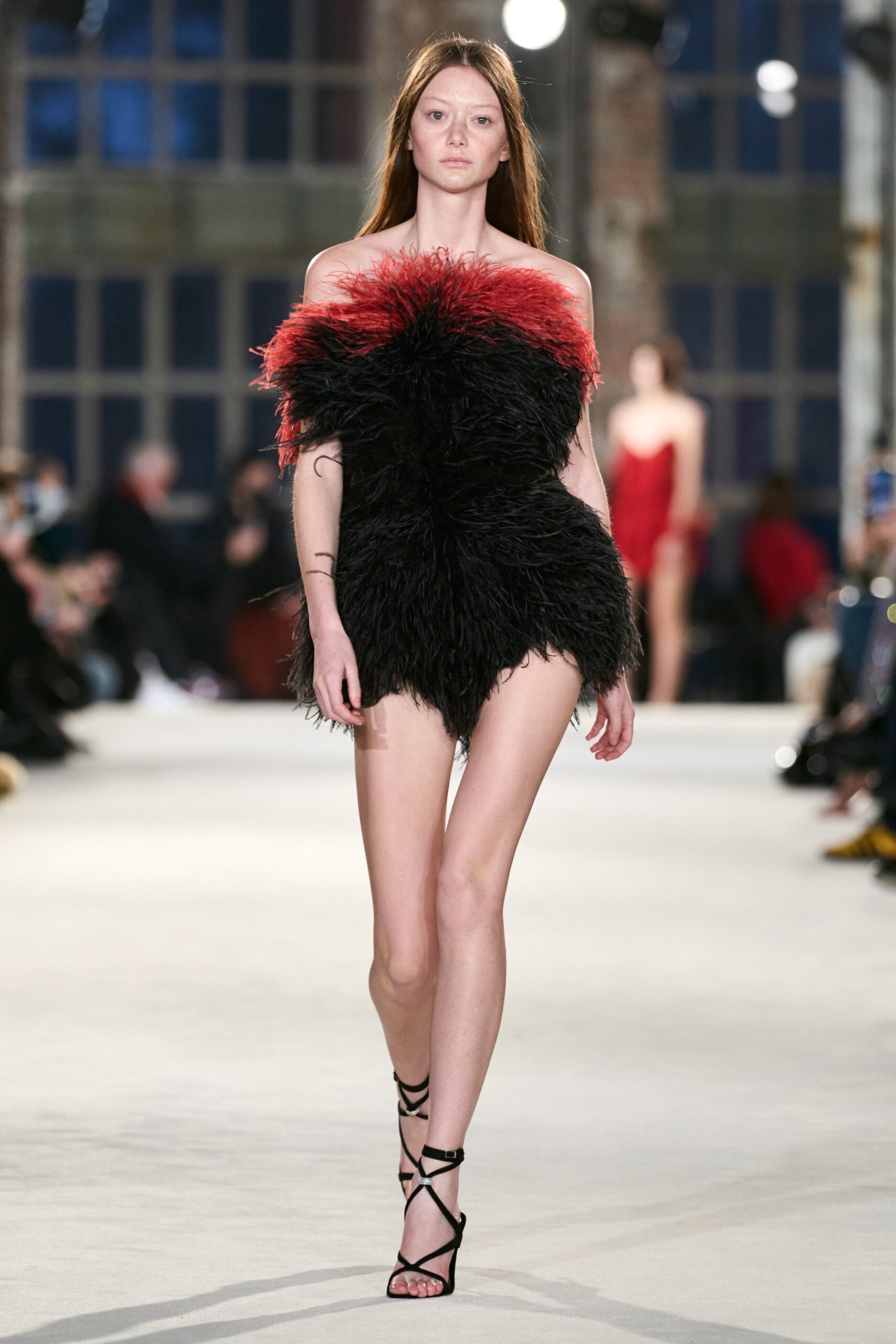 black and red feathered mini dress