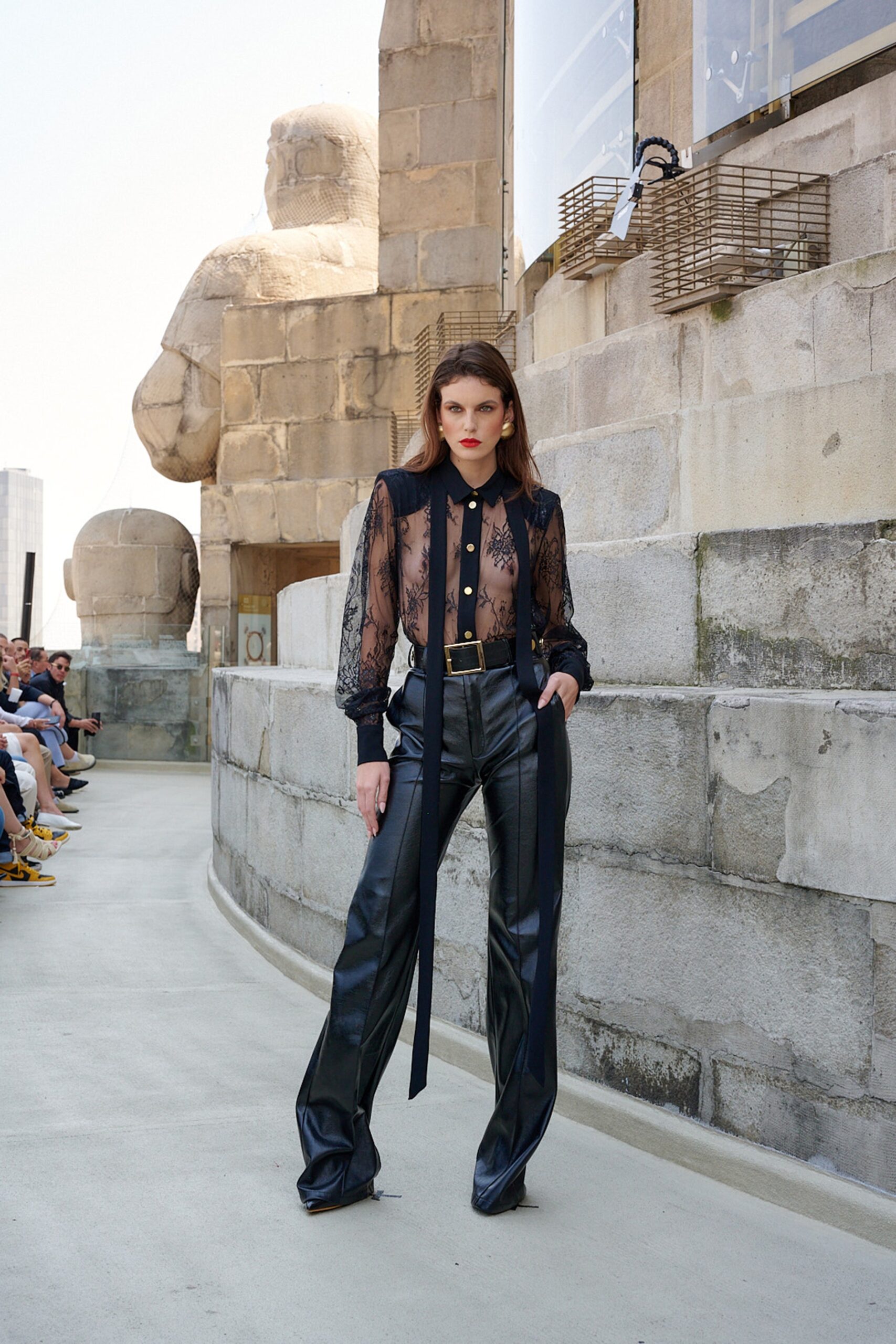 black lace long-sleeve collared fitted sheer blouse