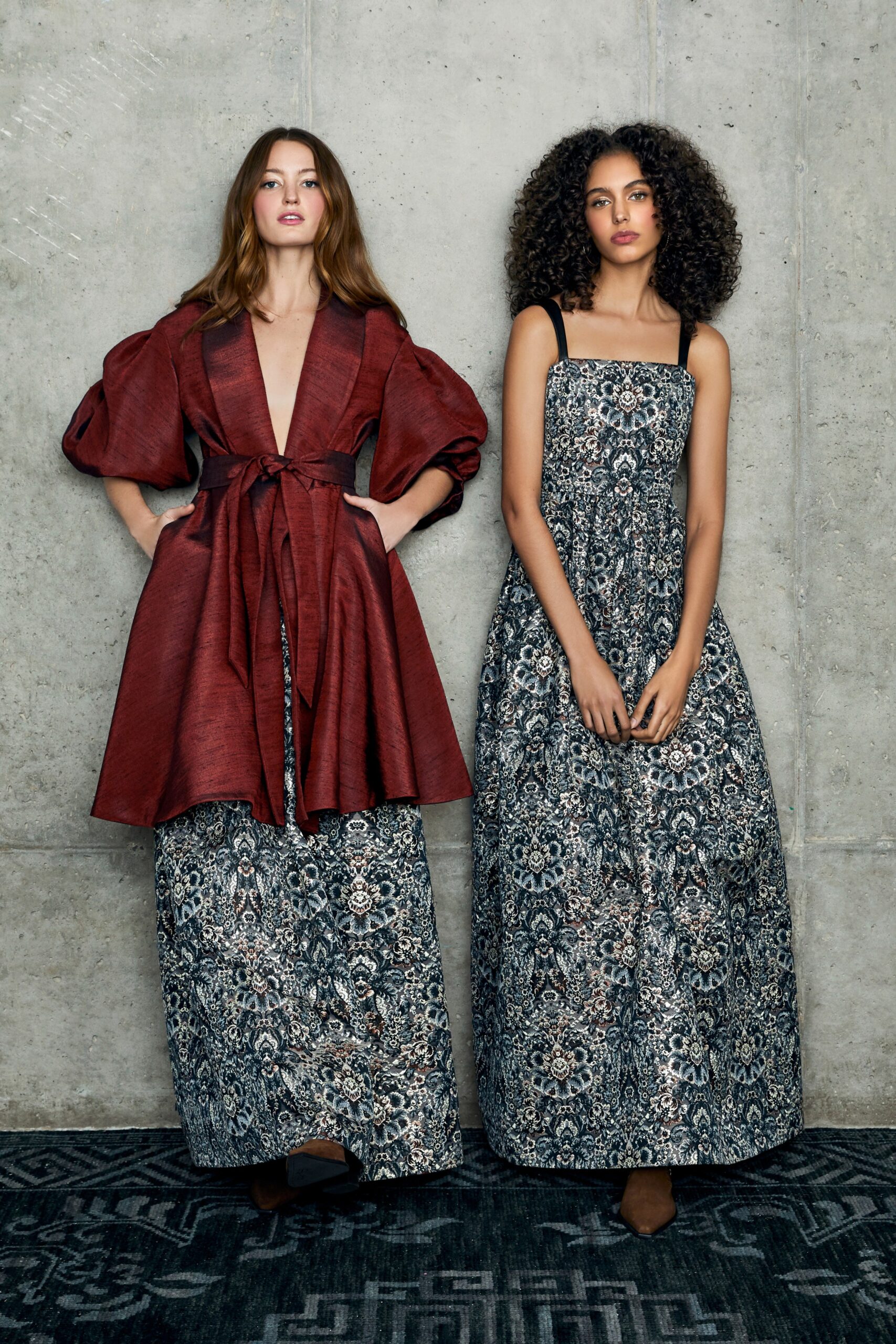 red silk long-sleeve v-neck relaxed belted maxi coat