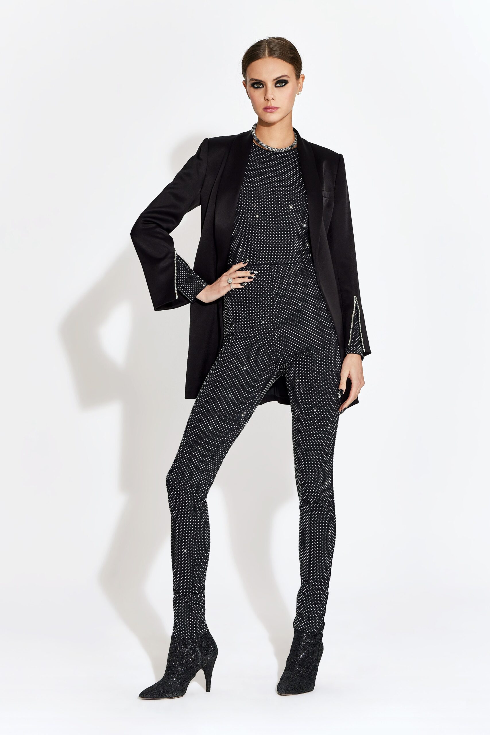 black tailored blazer with catsuit