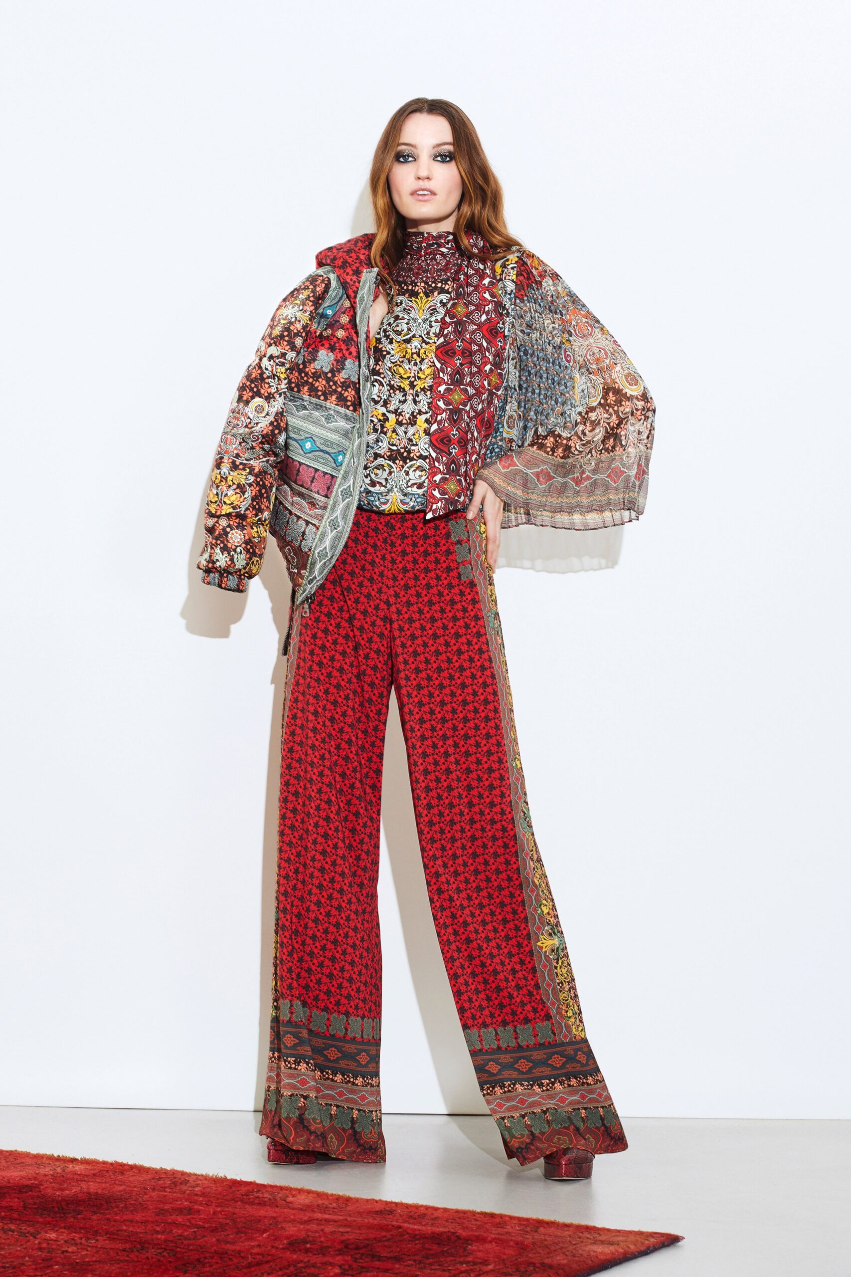 red silk fitted wide-leg printed pants