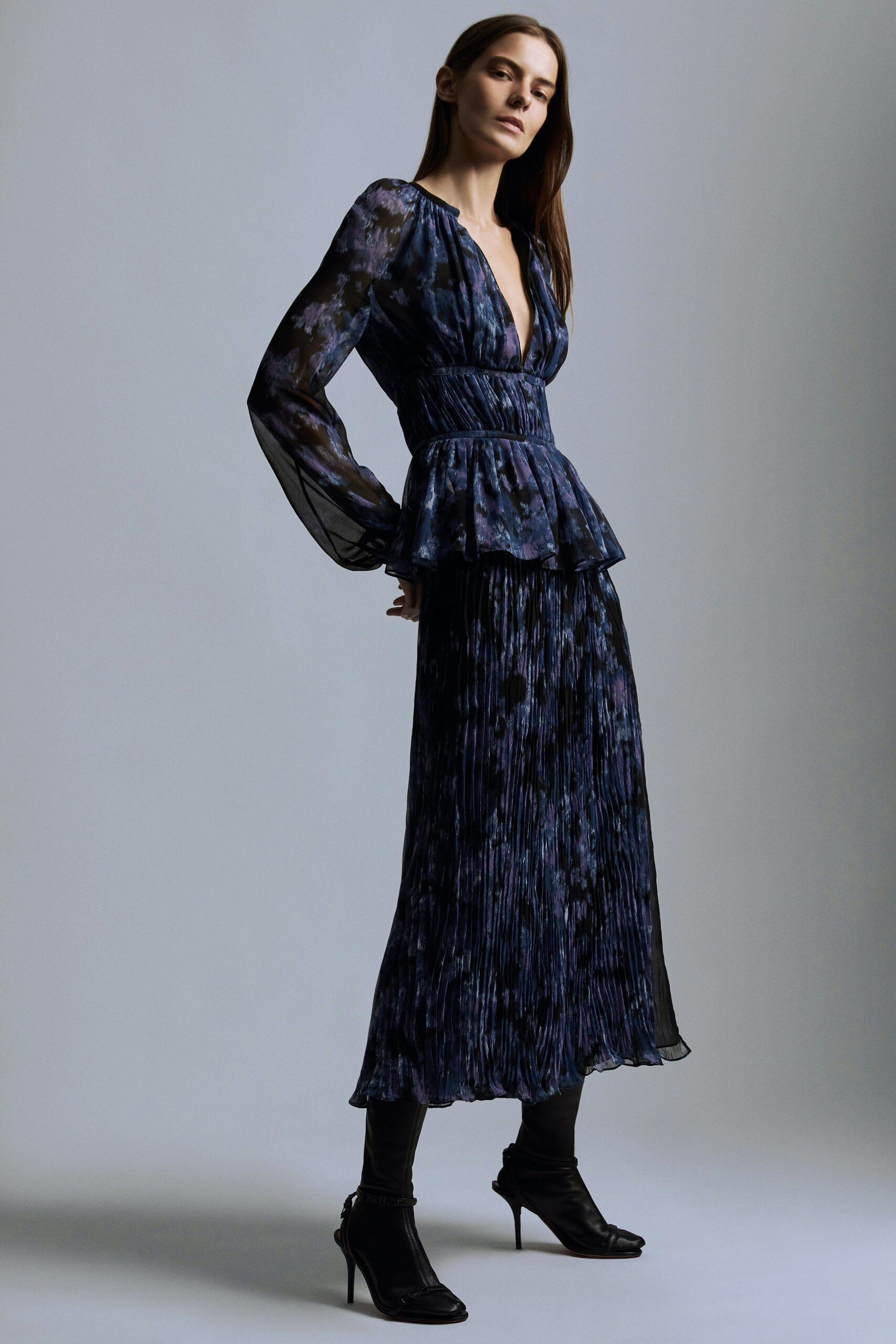 blue purple silk pleated dress