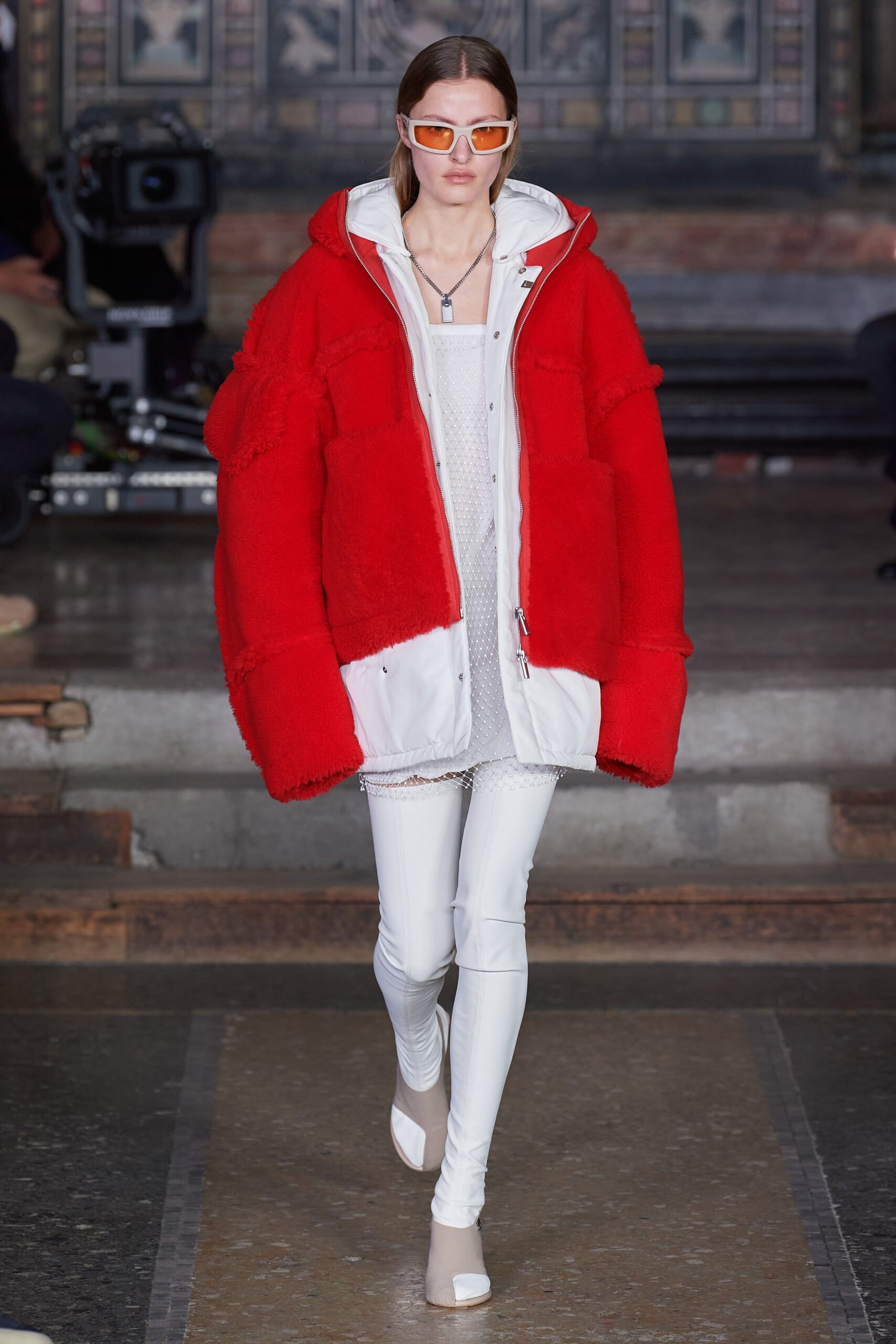 red faux-fur long-sleeve collared oversized zippered jacket