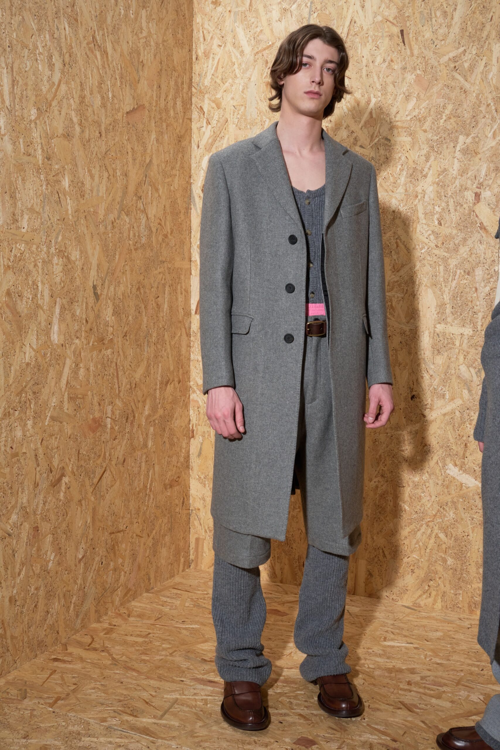 gray tailored coat with jumpsuit