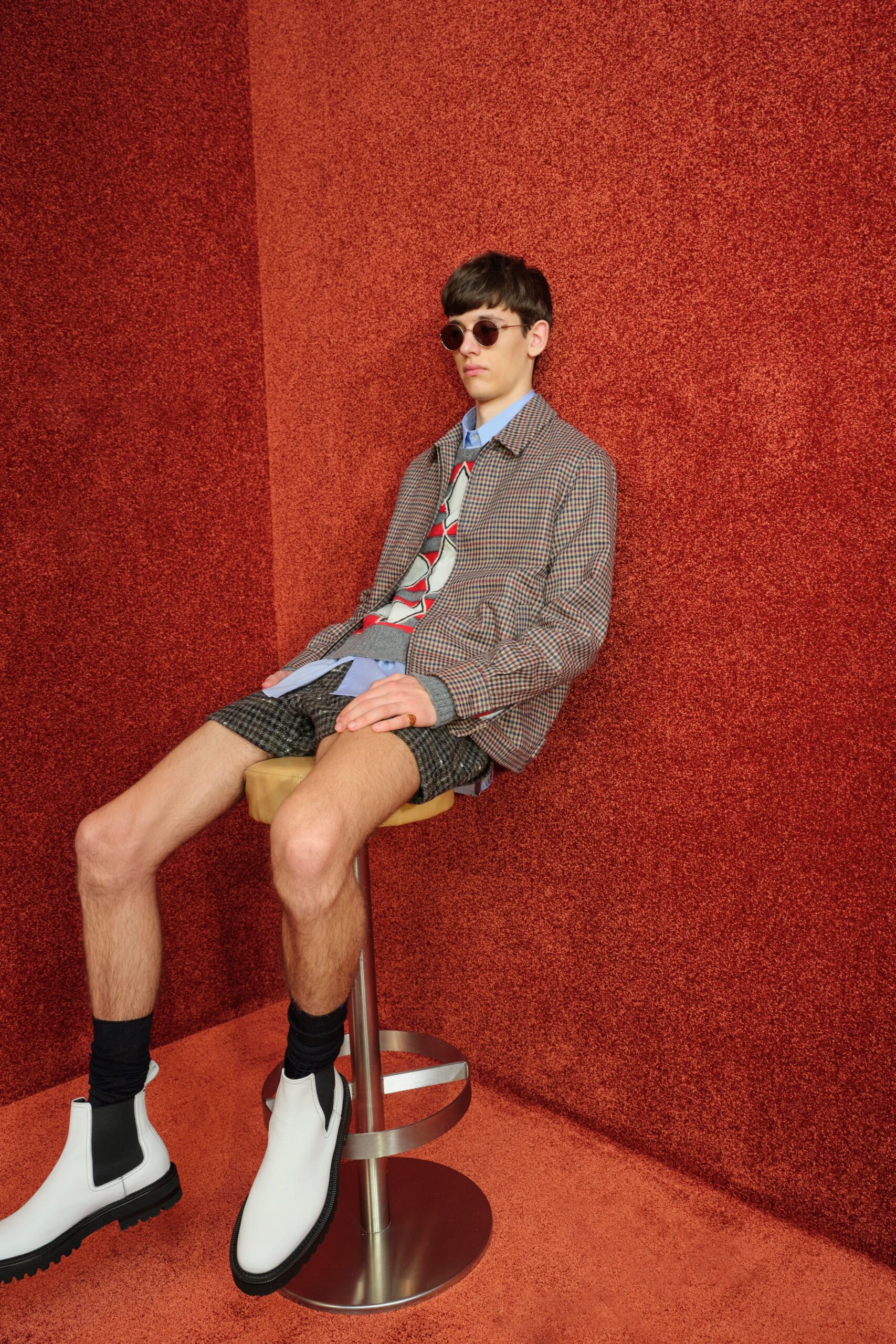 brown checked blazer with shorts