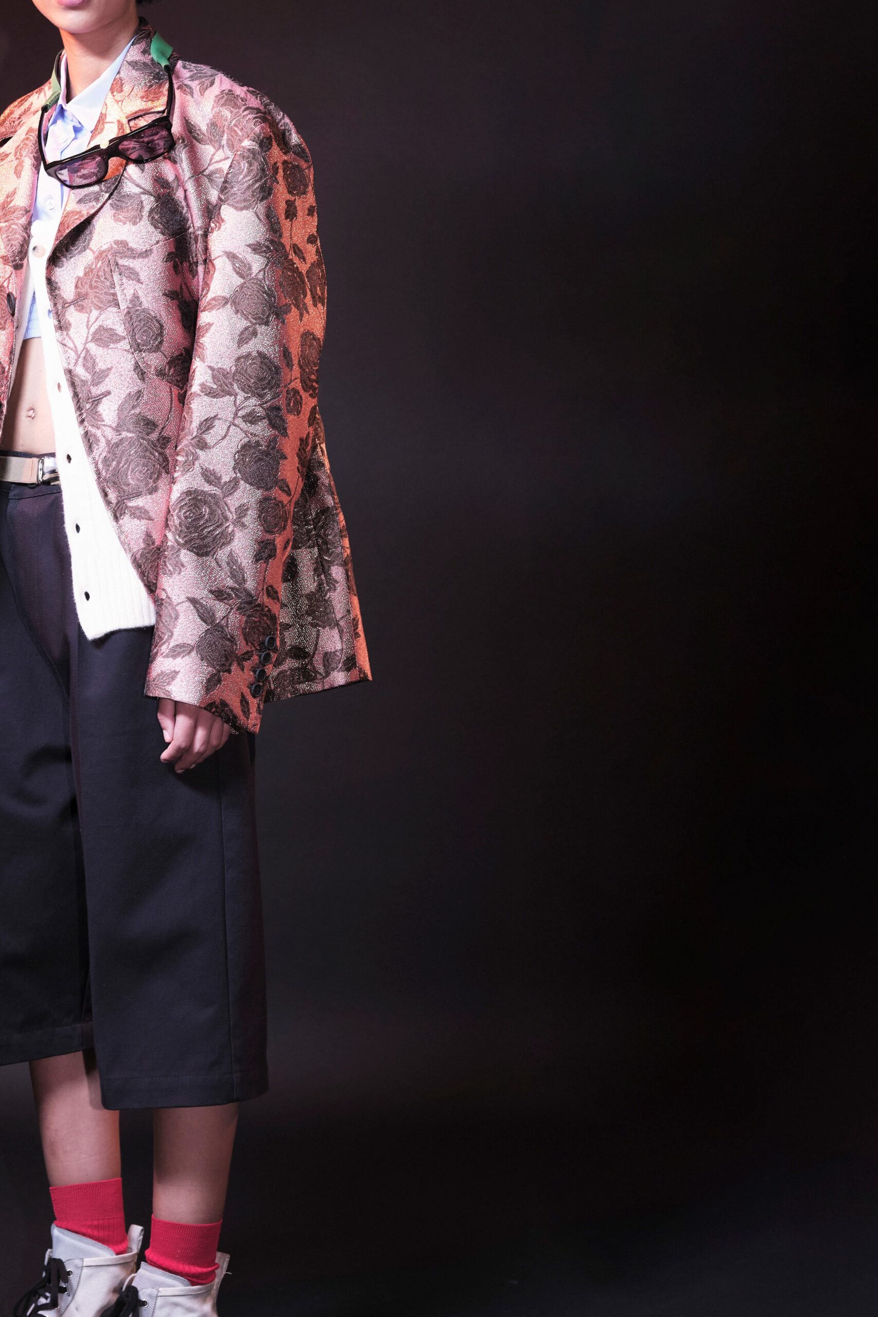 pink silk long-sleeve collared structured embroidered jacket