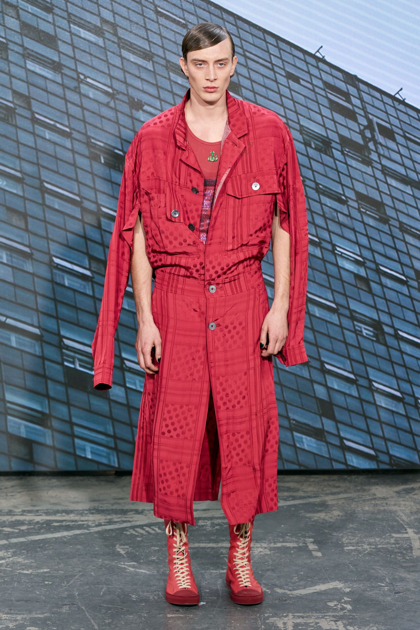 red cotton long-sleeve collared relaxed zippered buttoned jacket