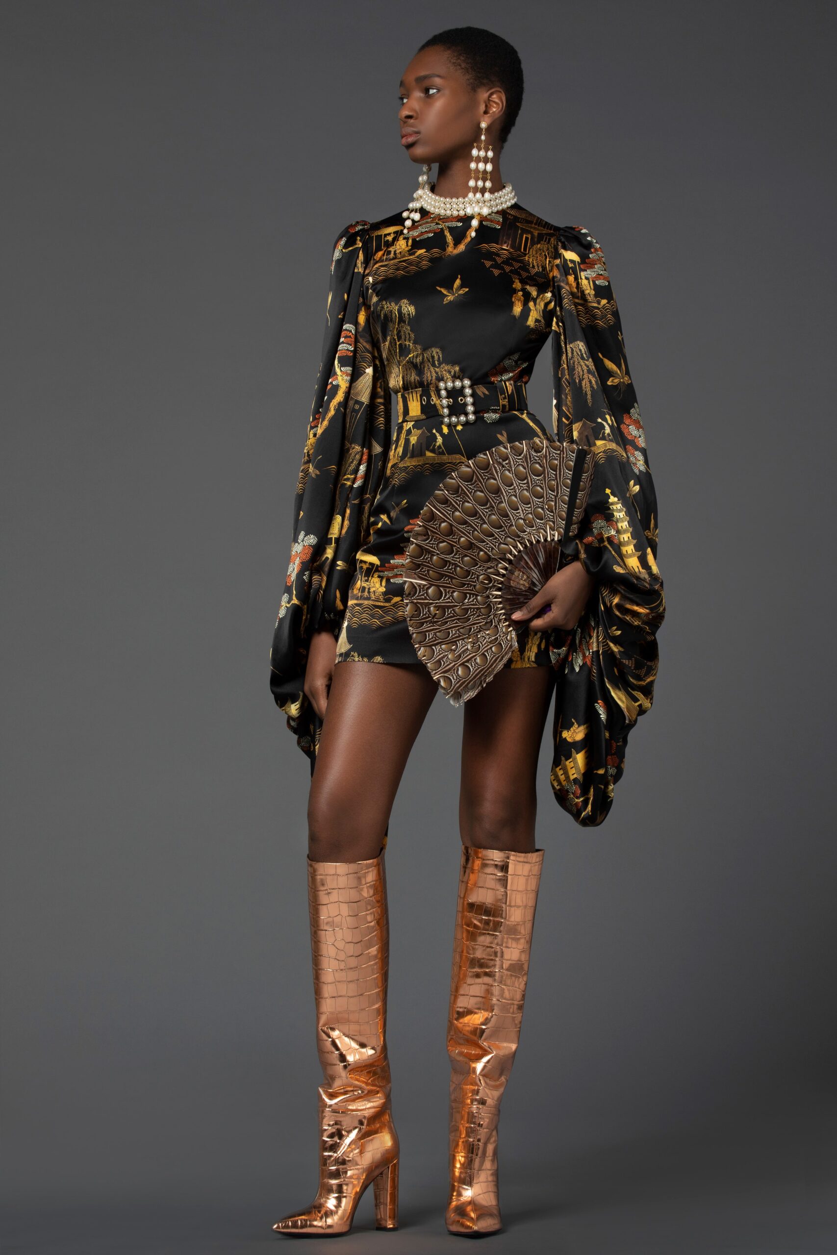 black silk printed mini dress