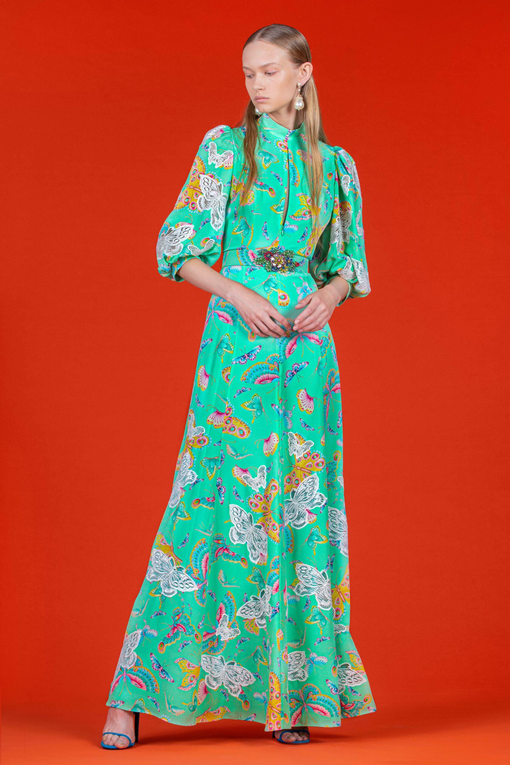 green printed long-sleeve maxi dress