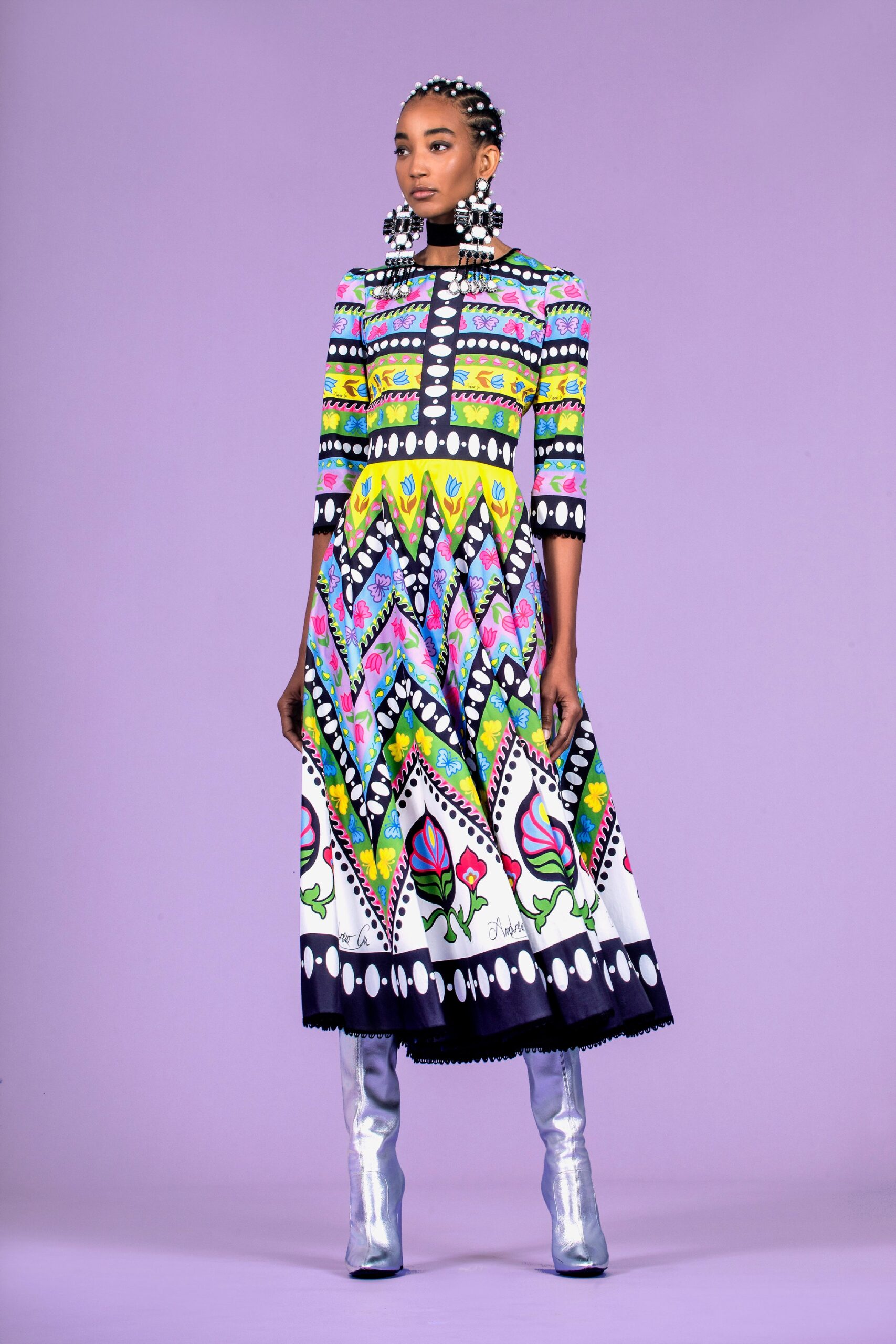 multi-colored printed midi dress