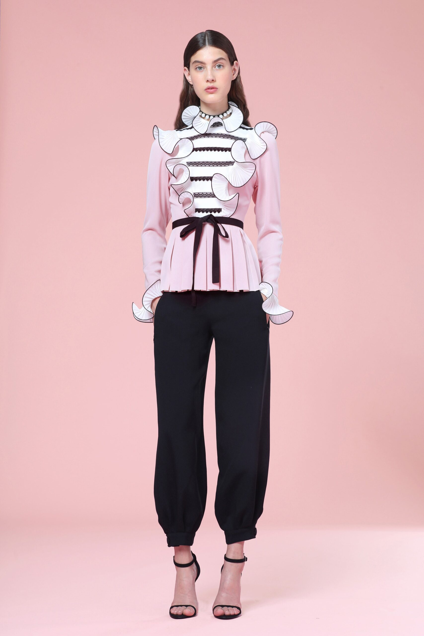 pink cotton long-sleeve collared fitted pleated ruffled blouse