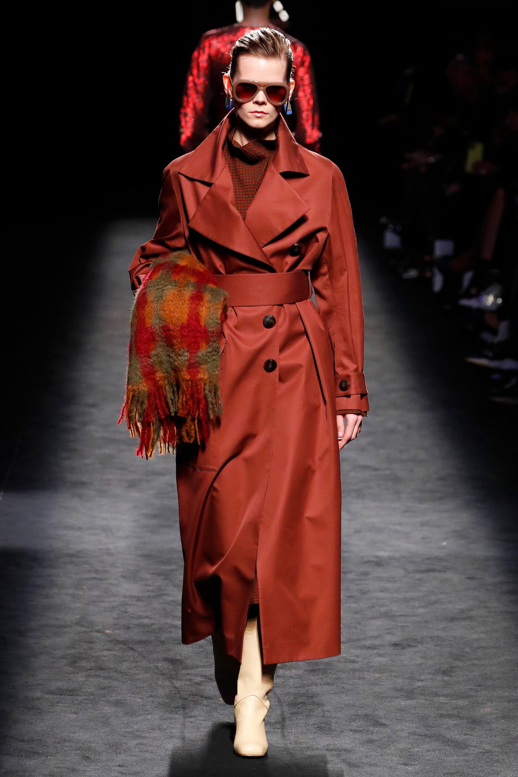 red cotton long-sleeve collared fitted belted midi trench