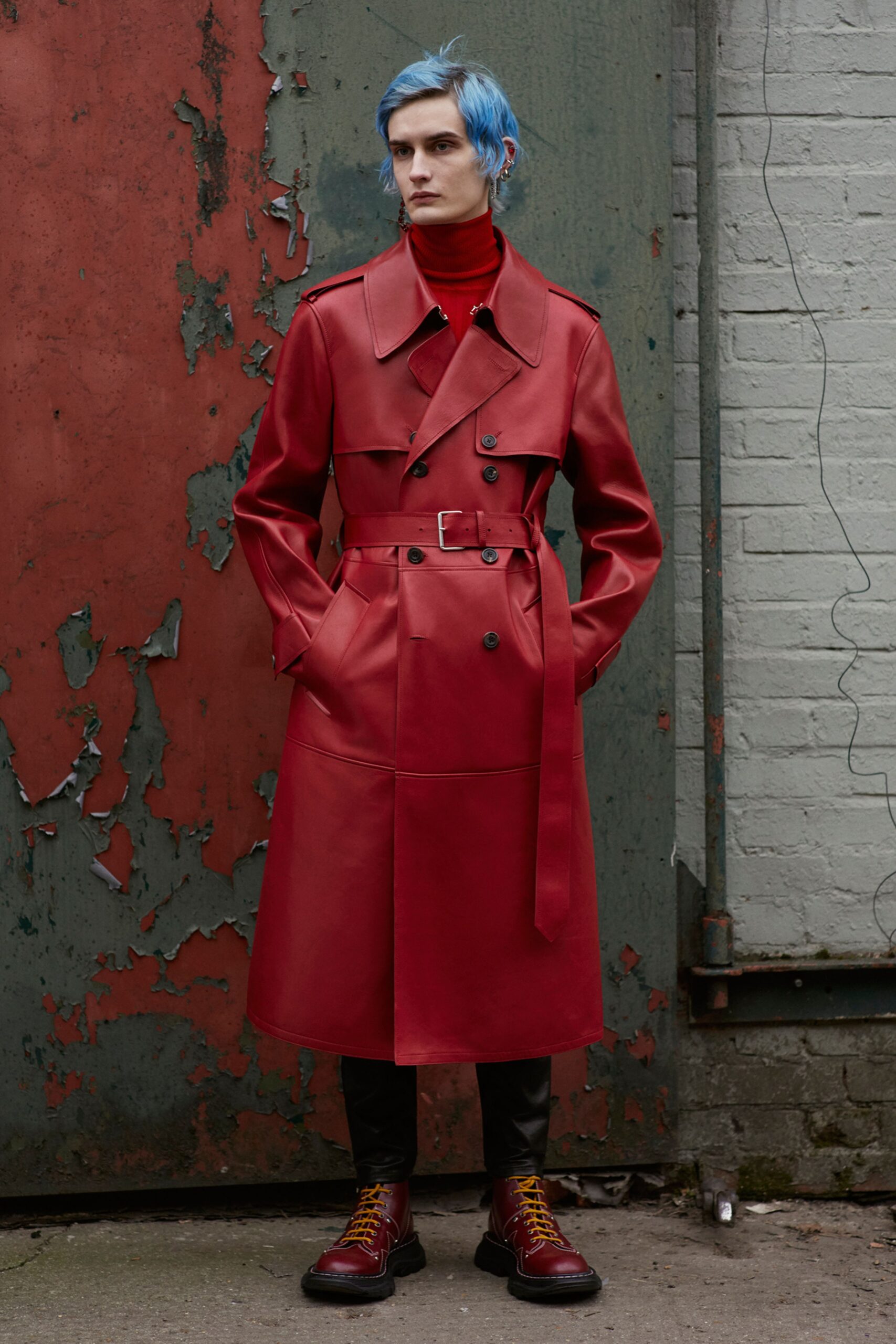 red leather long-sleeve collared fitted belted trench