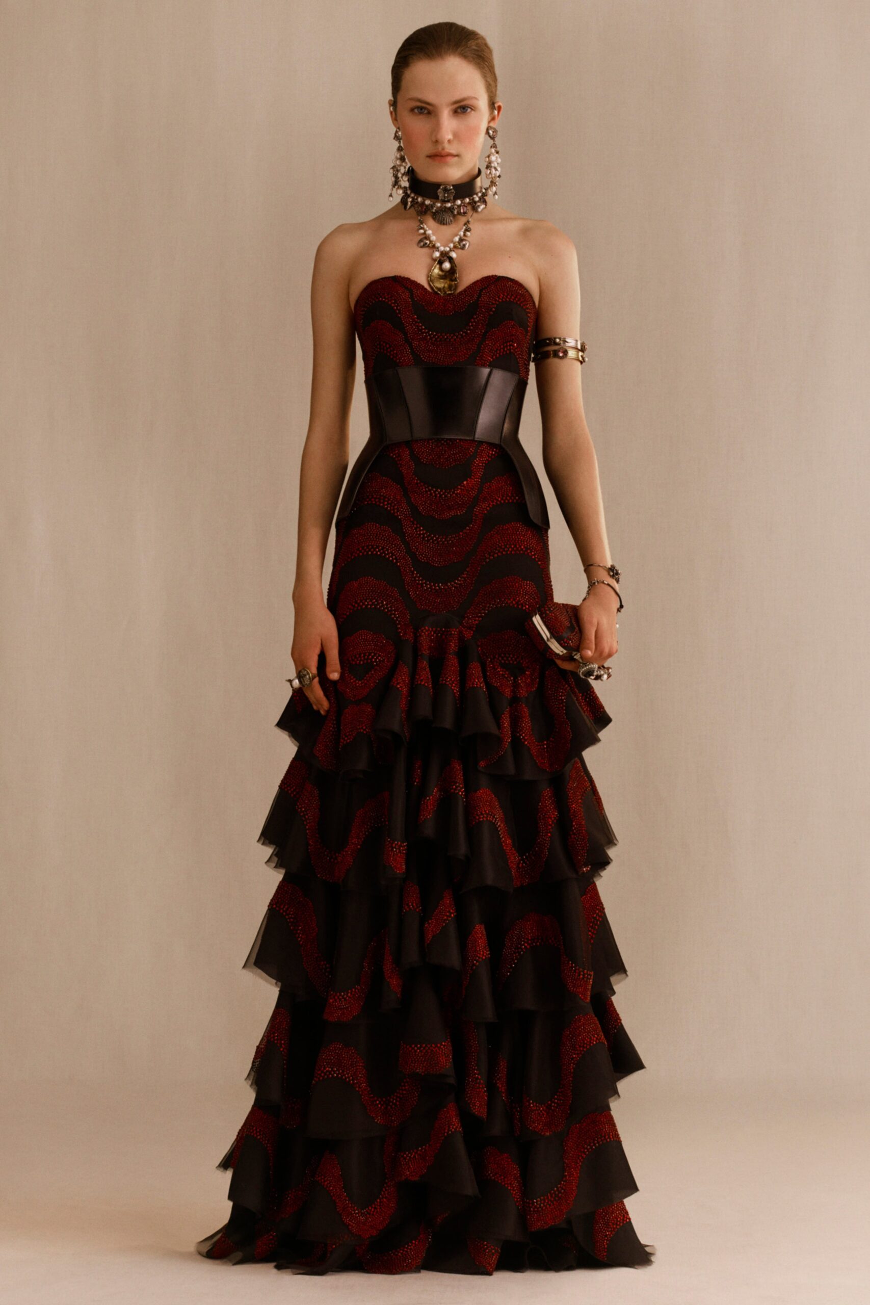 black and red ruffled gown