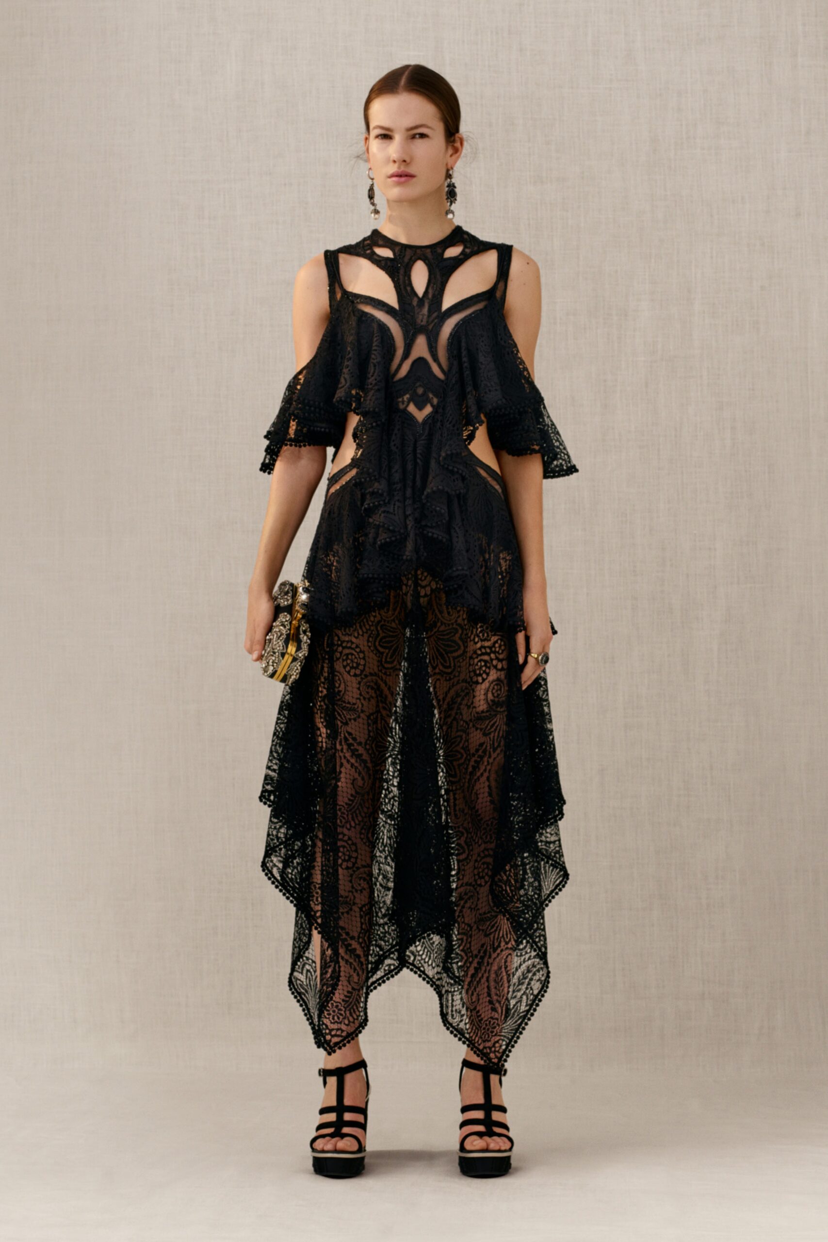 black lace dress with flared pants