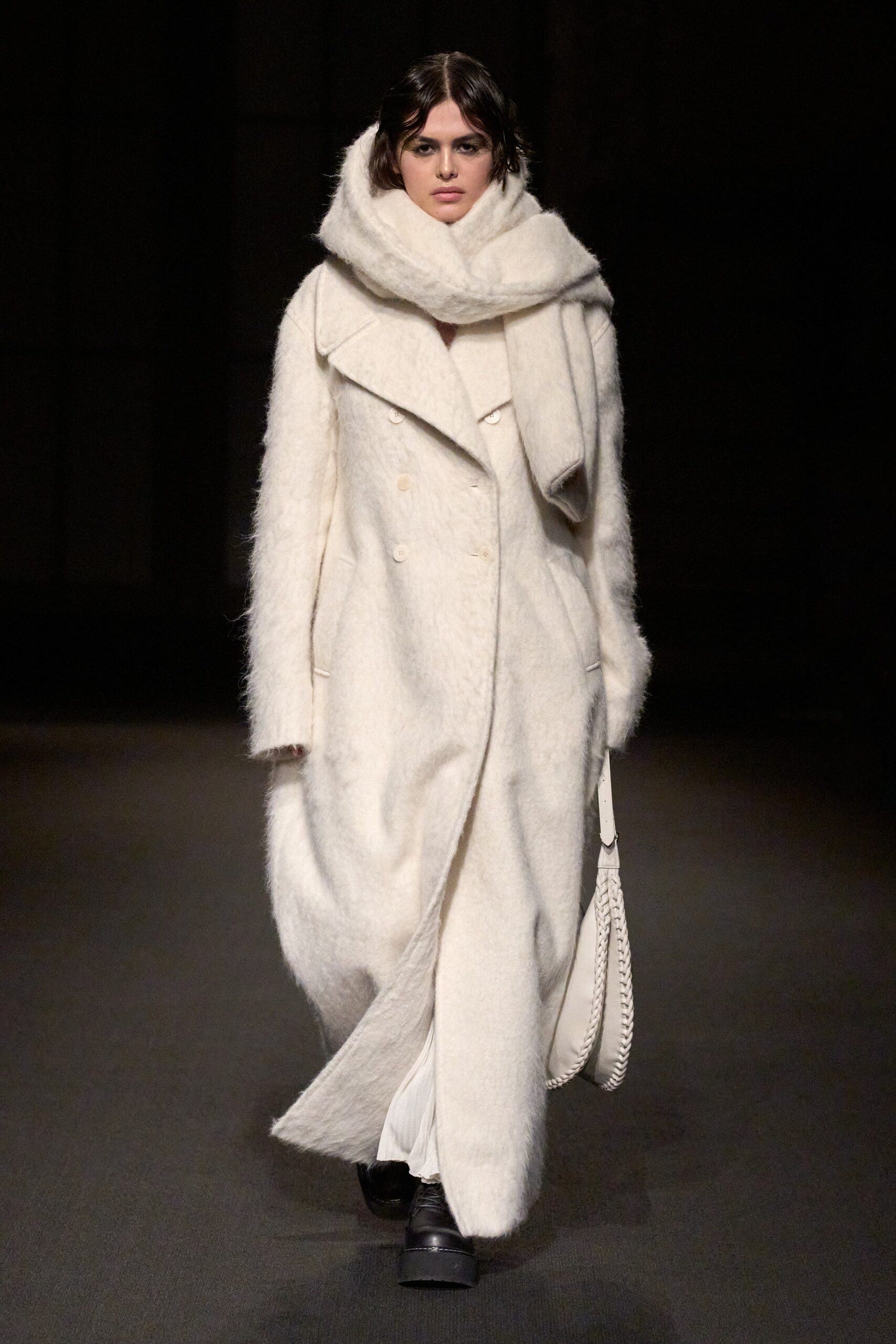 oversized white wool coat and scarf
