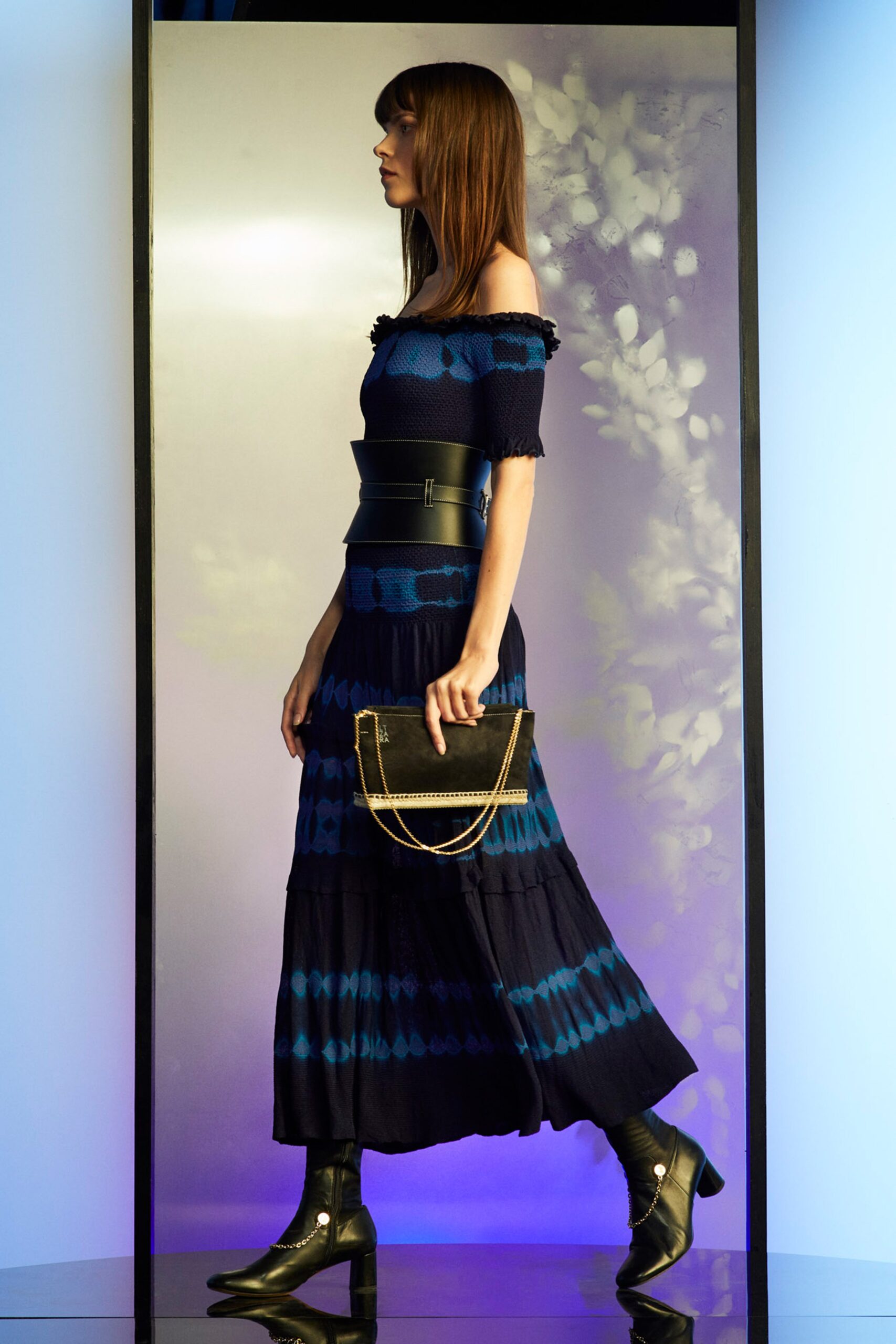 blue and black tiered maxi dress