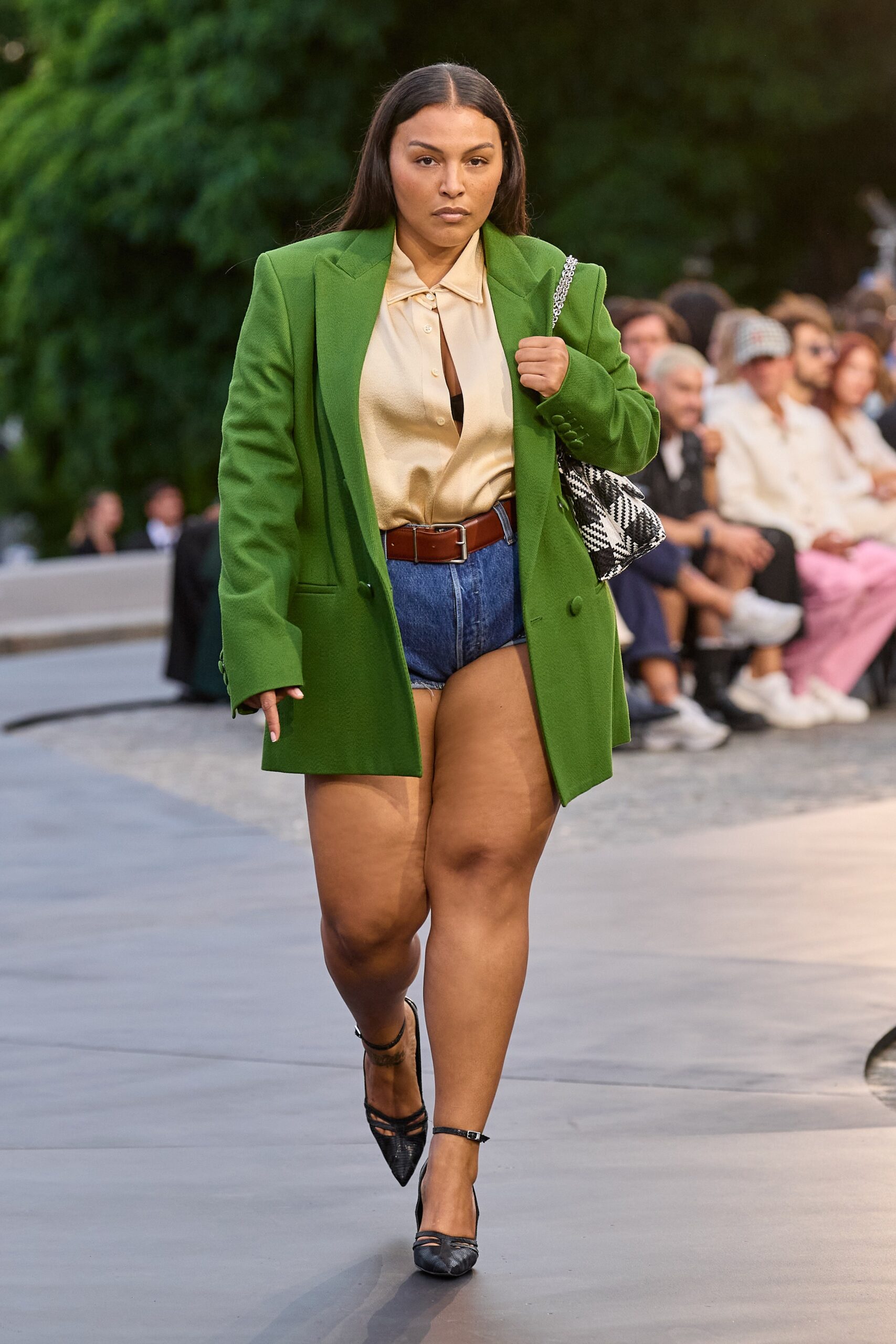 green tailored blazer with shorts