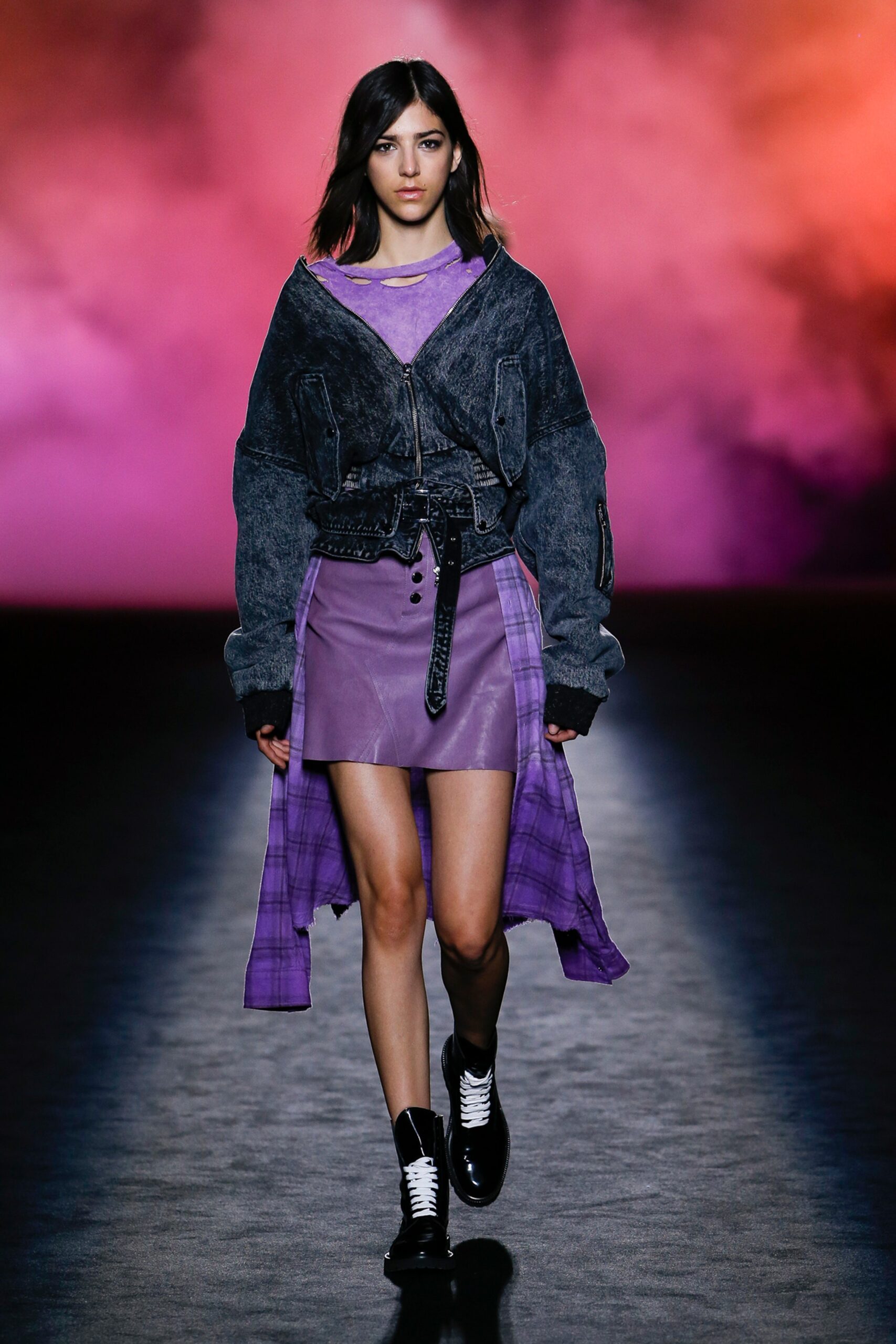 black denim jacket with purple skirt