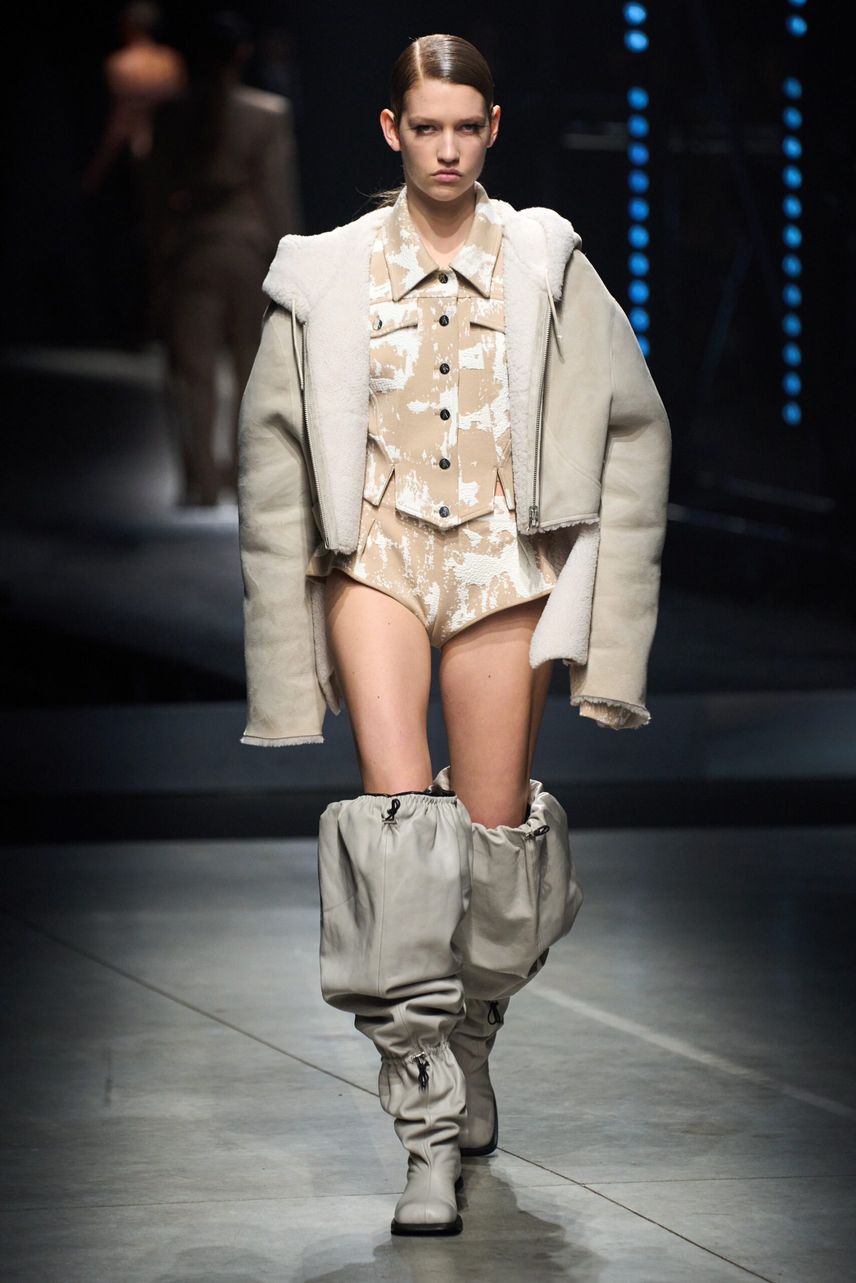 gray leather fitted ruffled boots