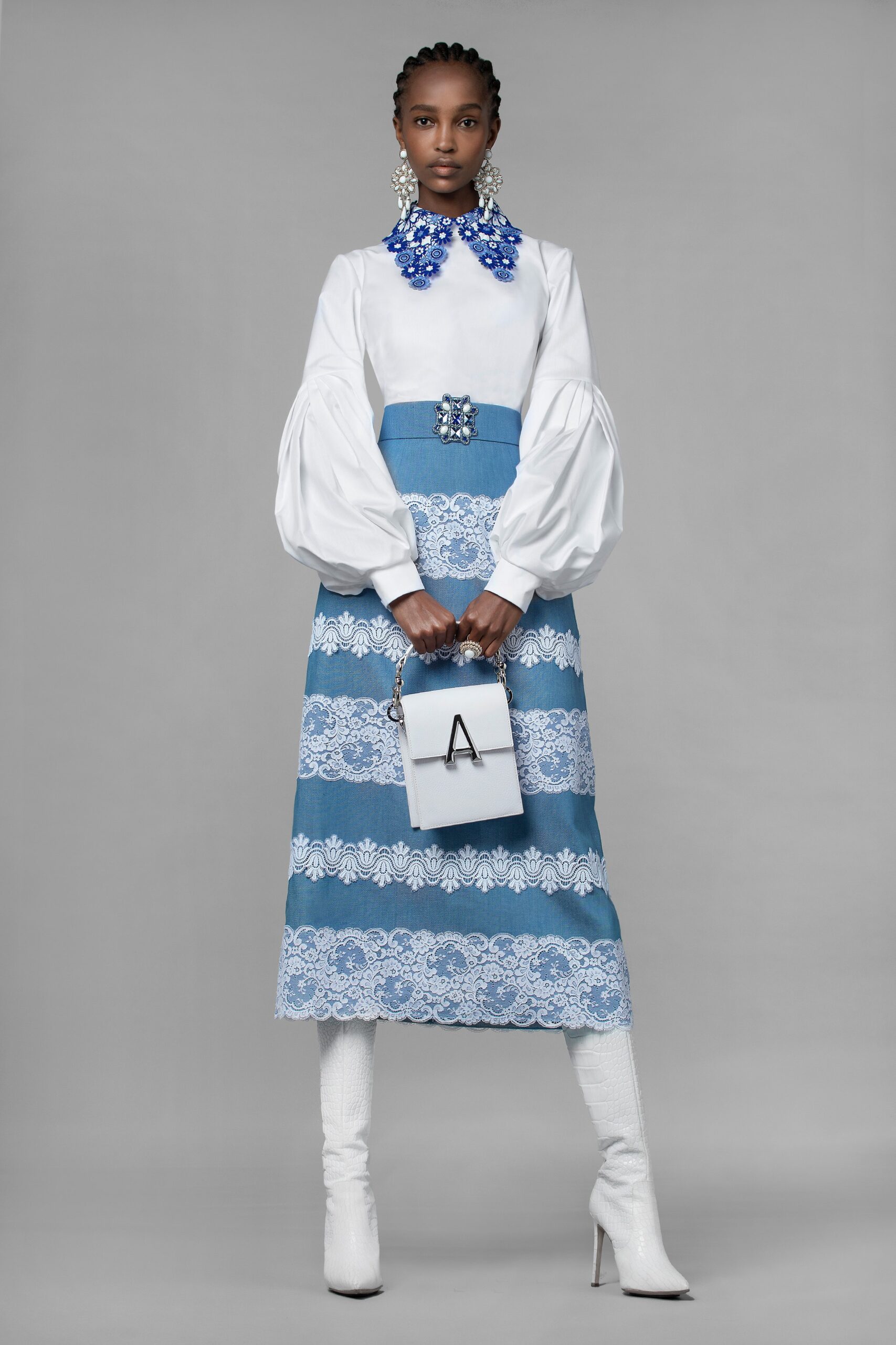 blue cotton fitted embroidered a-line midi skirt