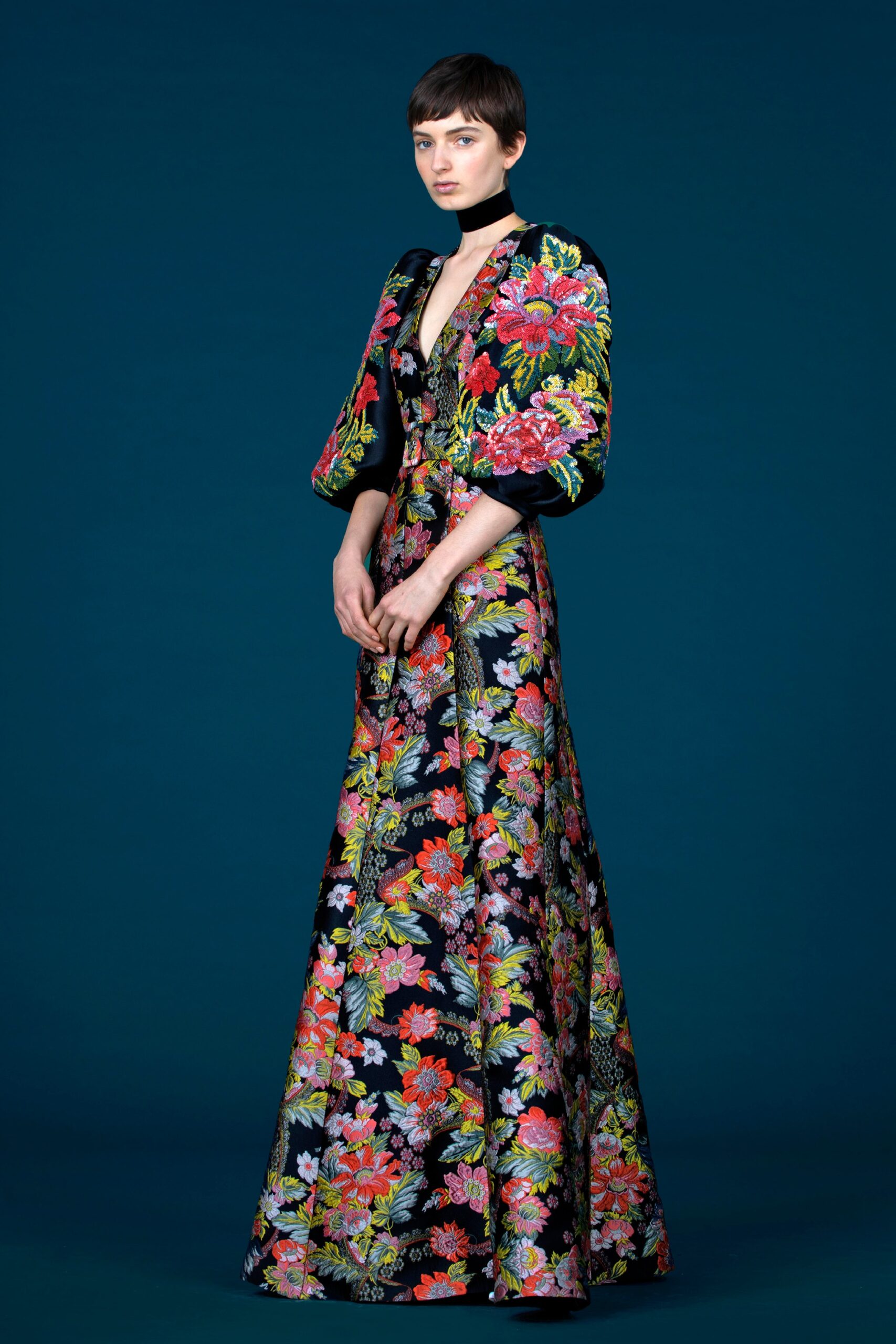 black multi embroidered gown