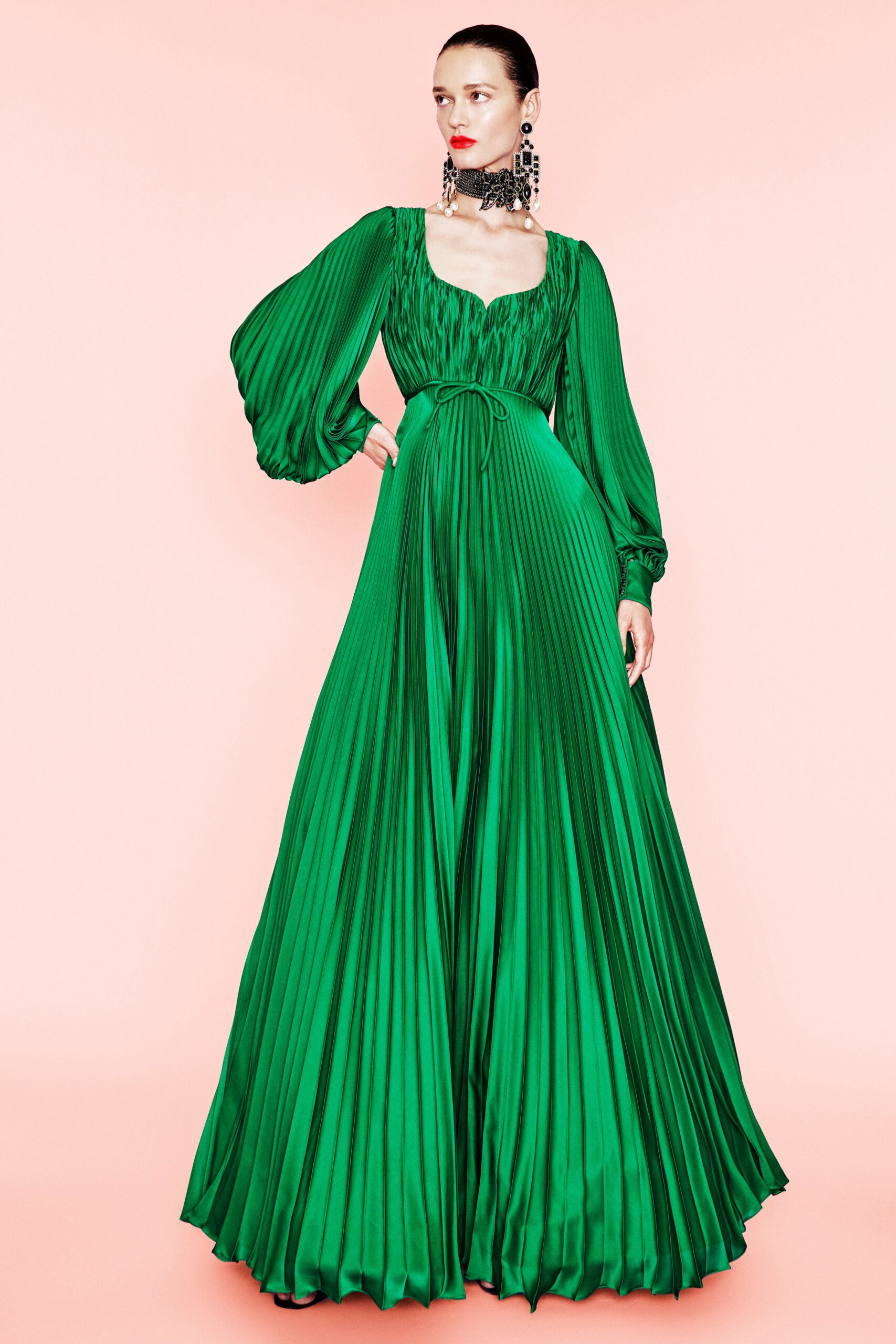 green silk pleated gown