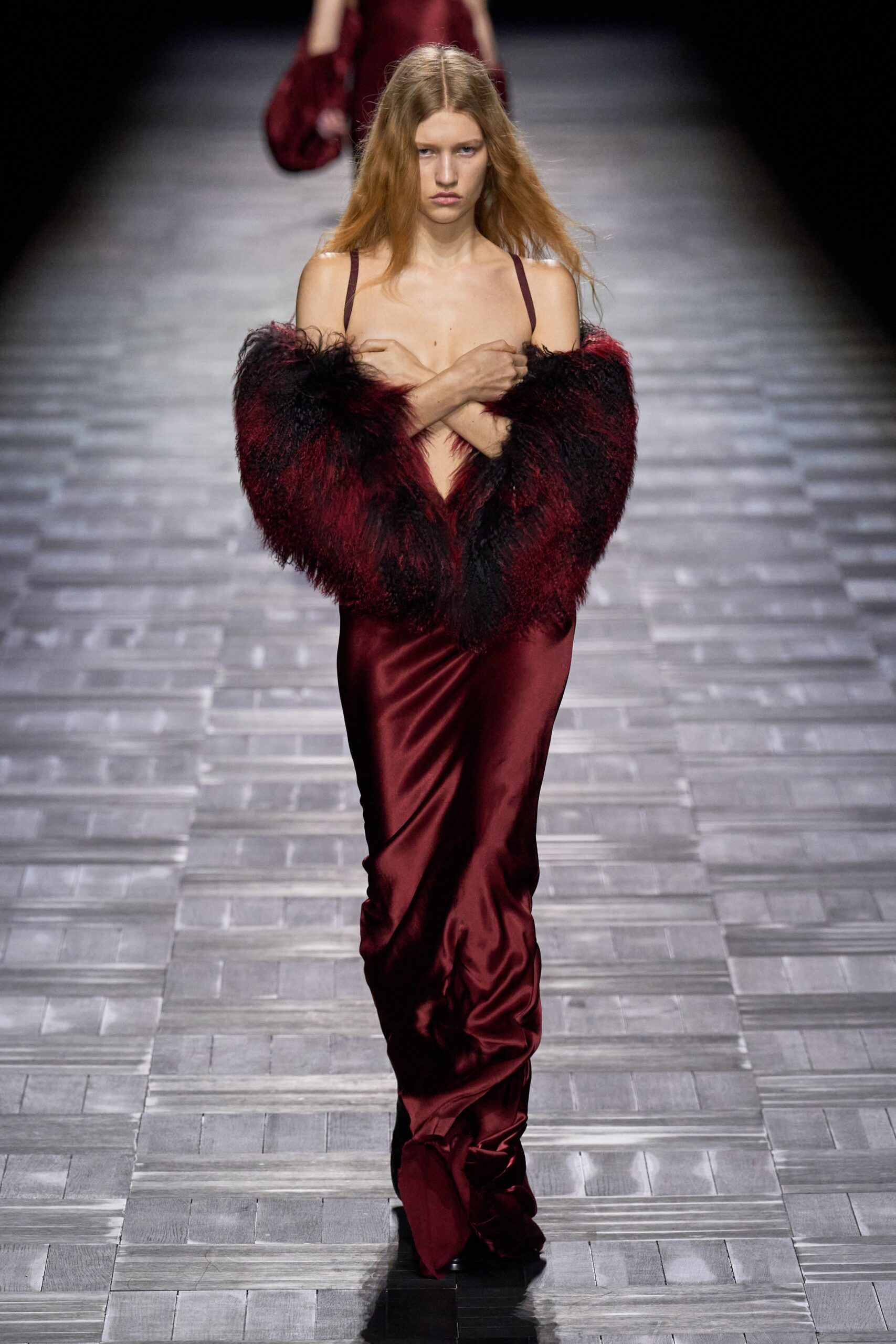 red silk gown with fur cape