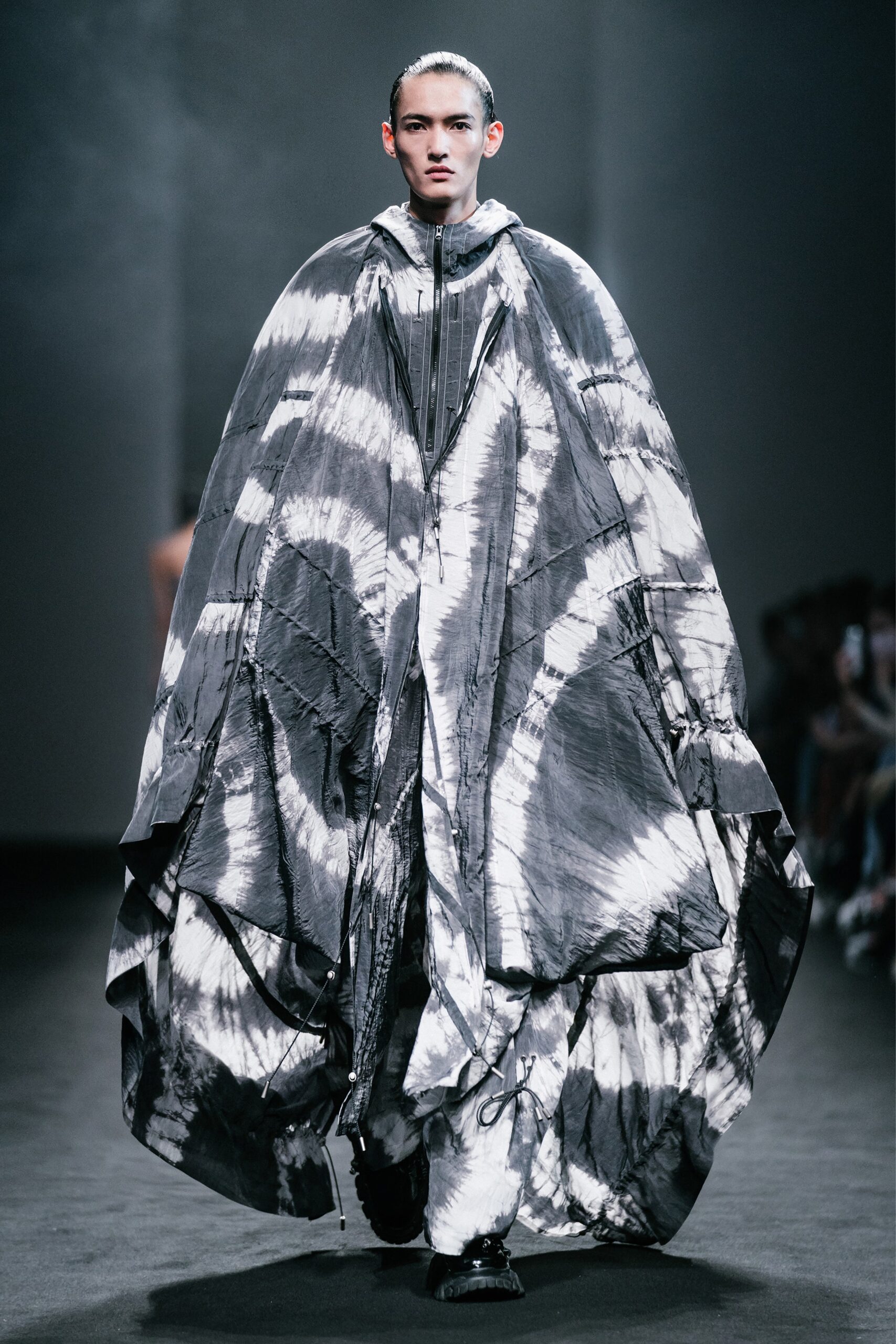 black cotton long-sleeve collared oversized draped cape