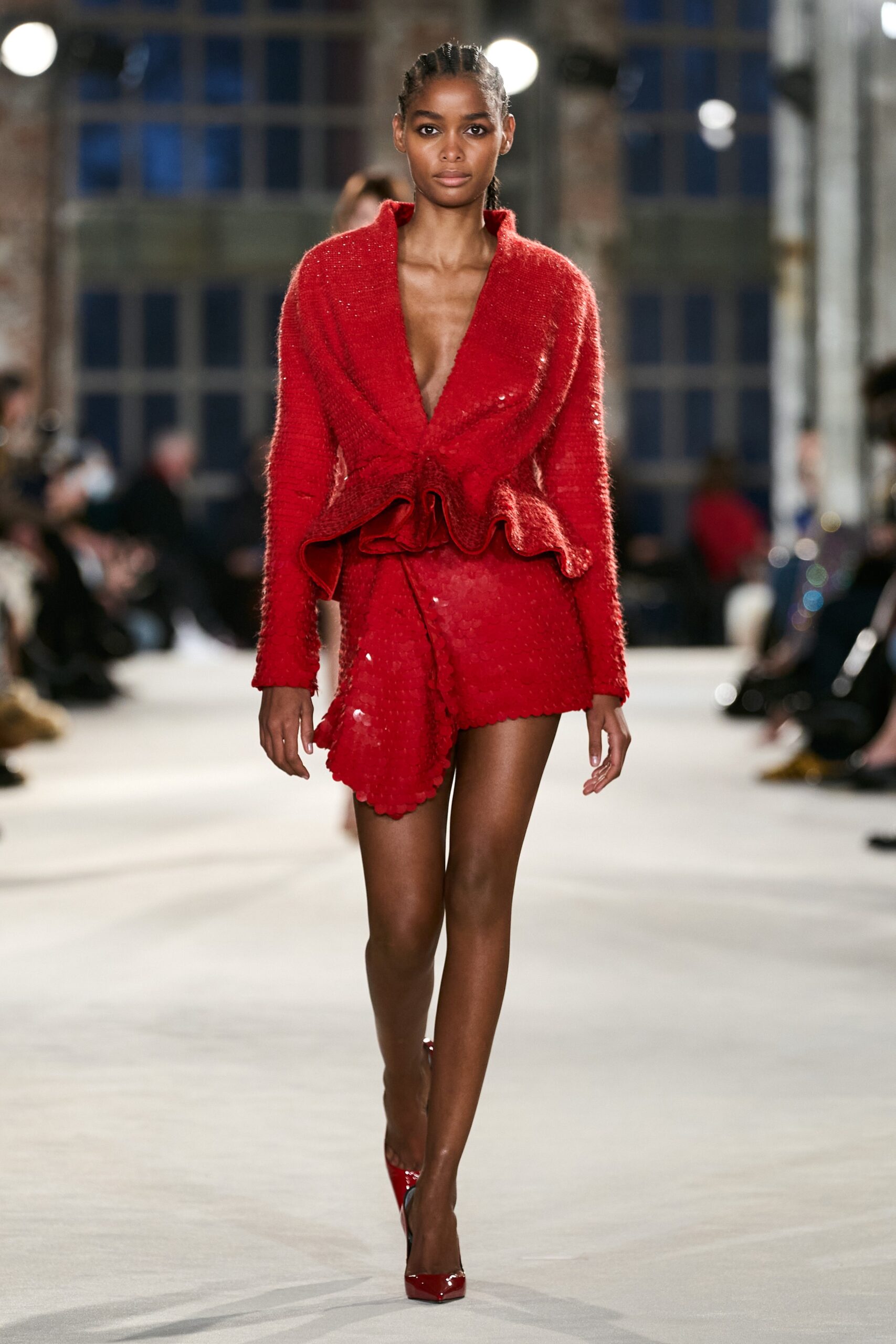 red wool asymmetric fitted short skirt