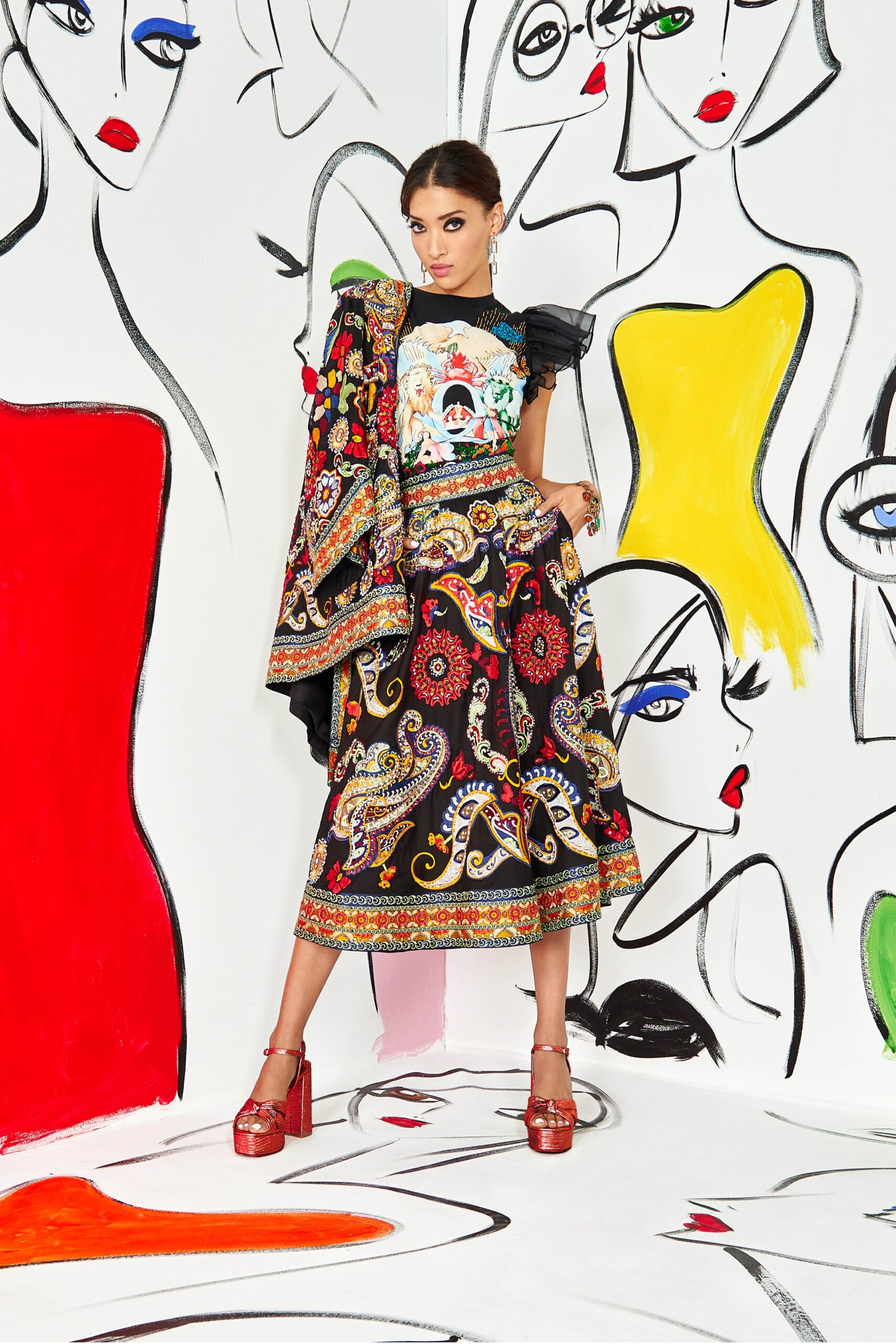 black multi printed midi dress with cape