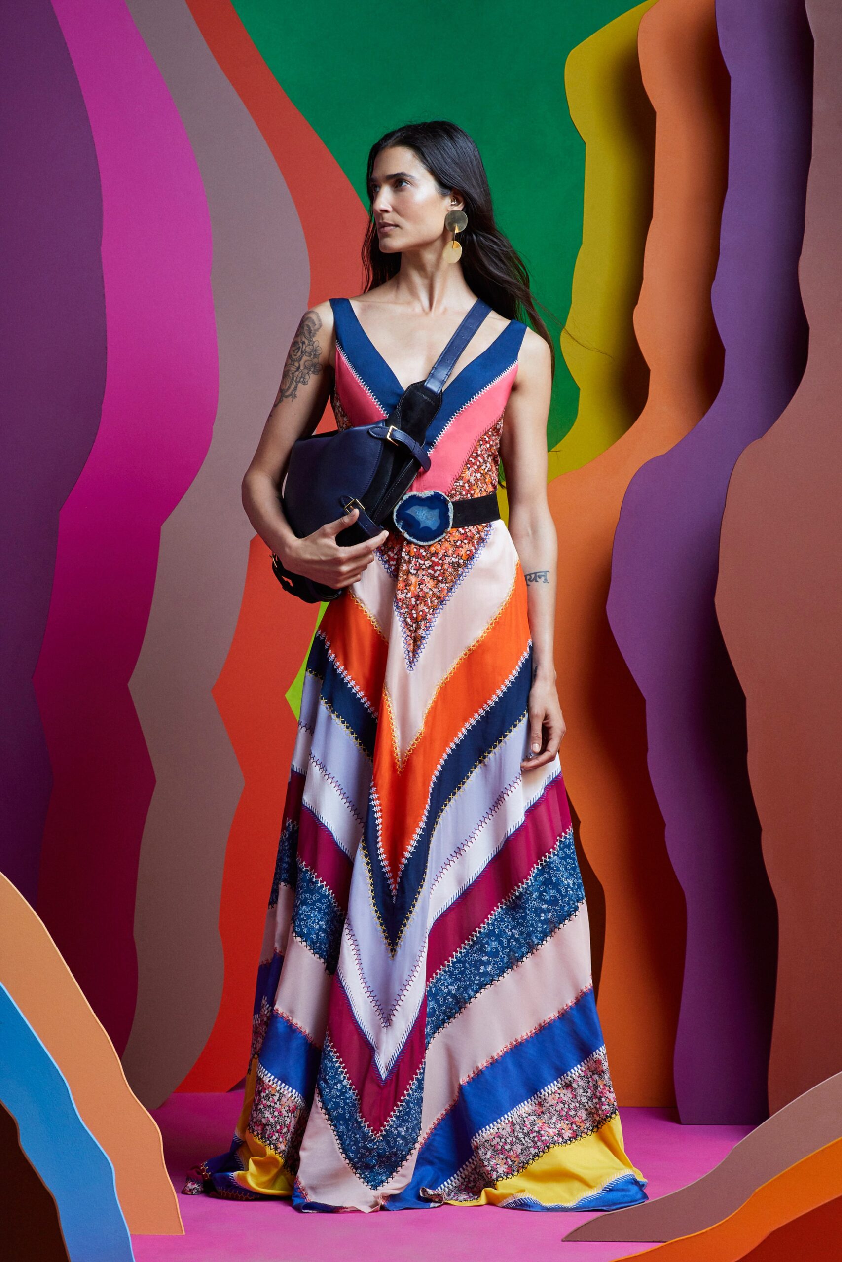 multi-colored silk sleeveless gown