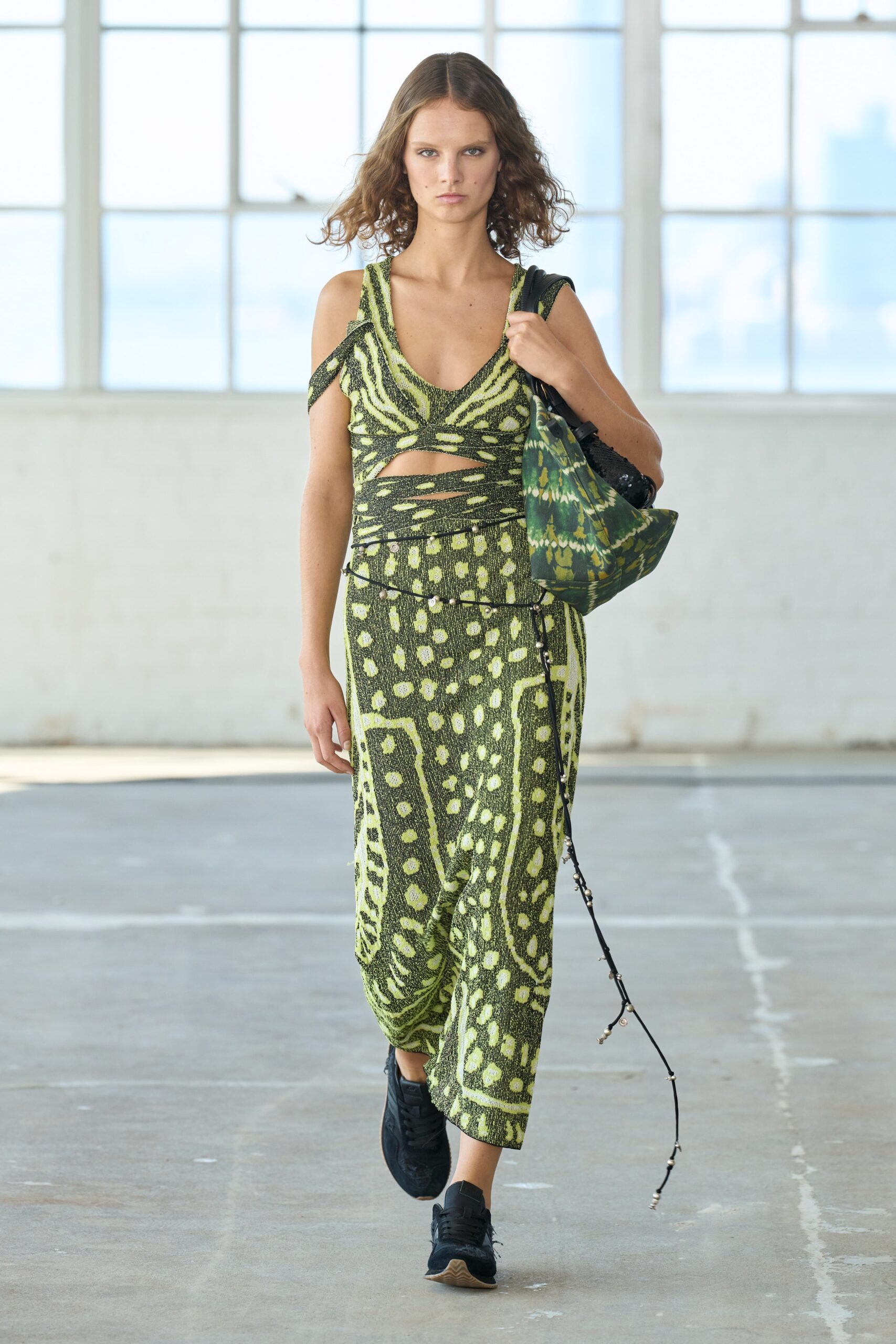 green cotton sleeveless v-neck fitted ruched midi dress