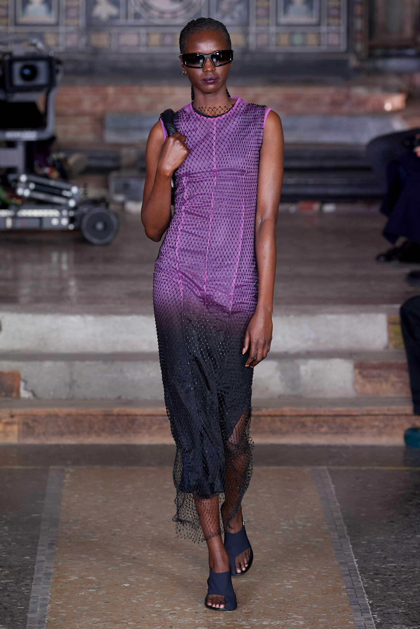 purple black sheer midi dress