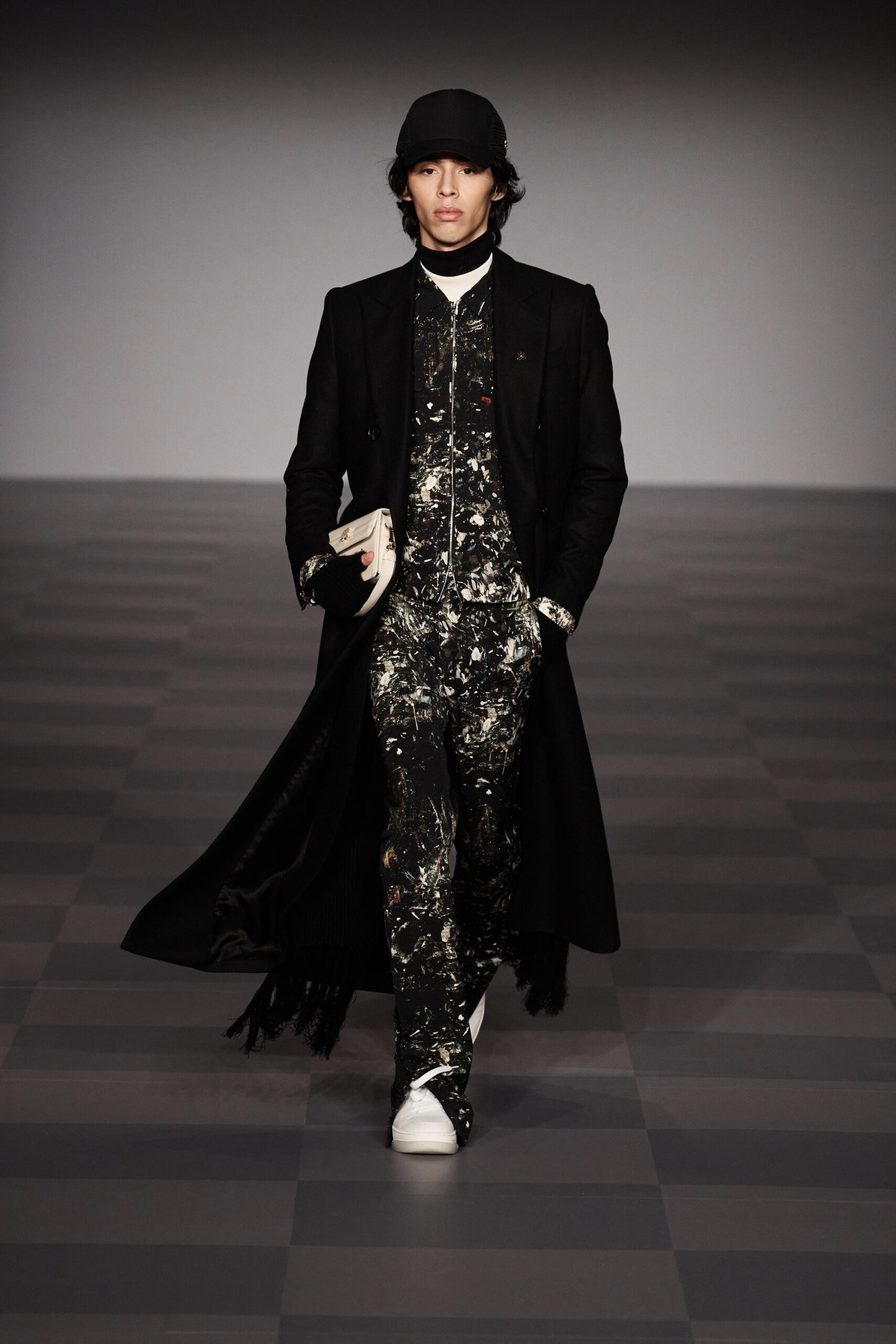 black wool coat with multi jumpsuit