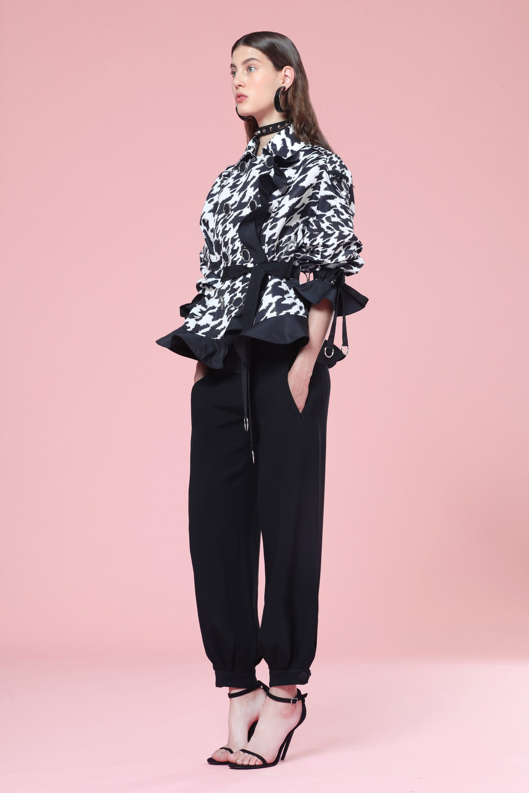 black cotton long-sleeve collared fitted flared top