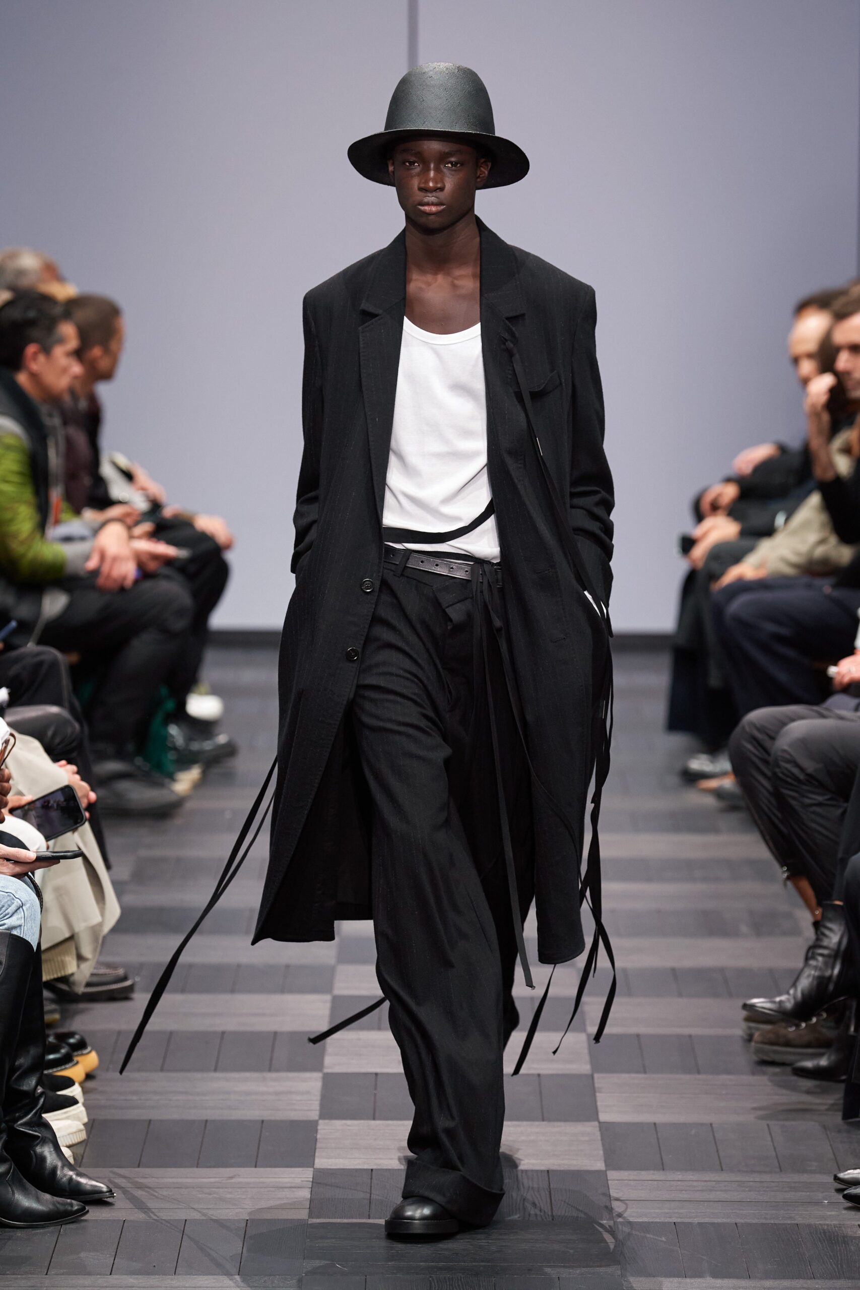 black cotton long-sleeve collared relaxed draped coat