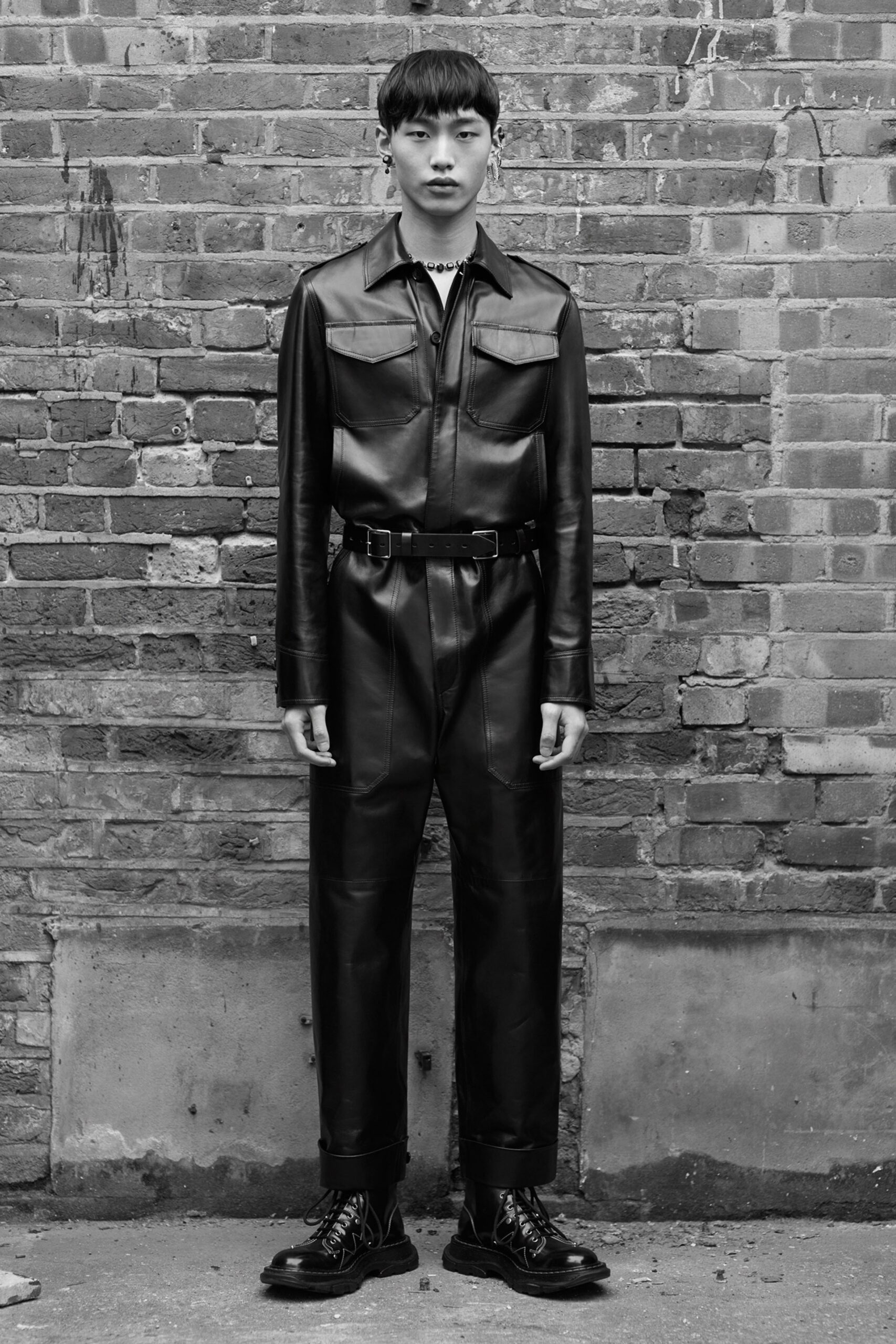 black leather fitted jacket and pants
