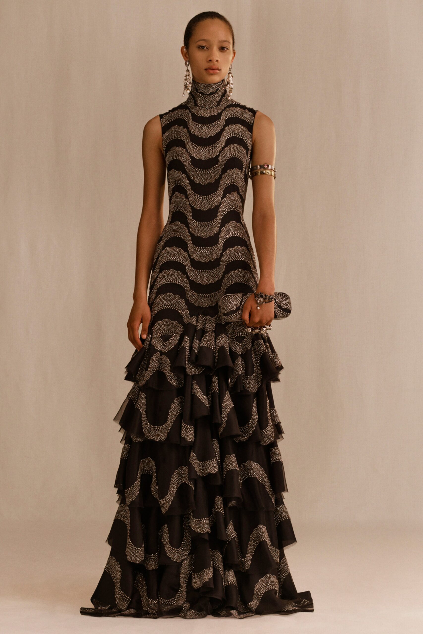 black and white ruffled gown