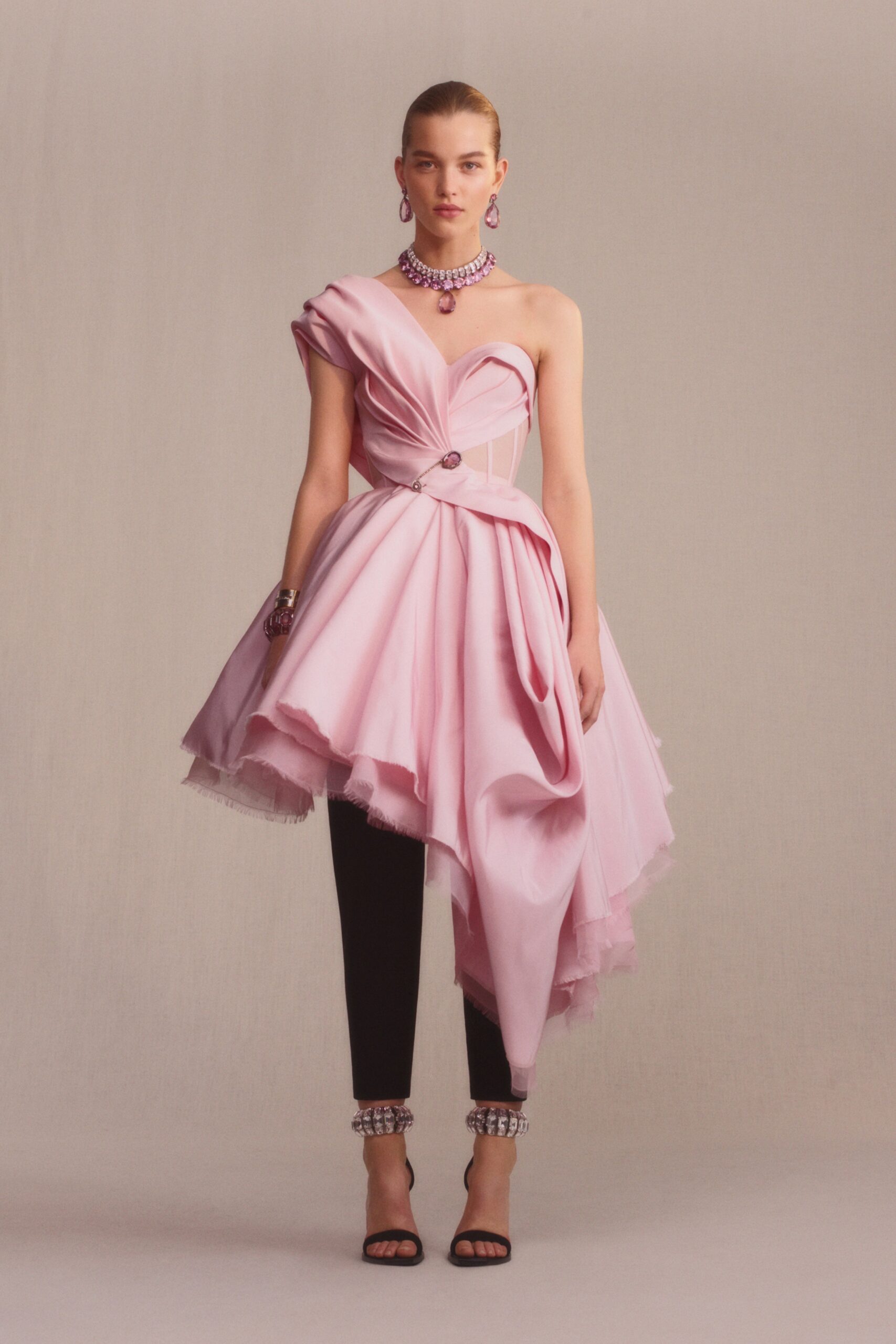 pink silk sleeveless asymmetric fitted draped belted dress