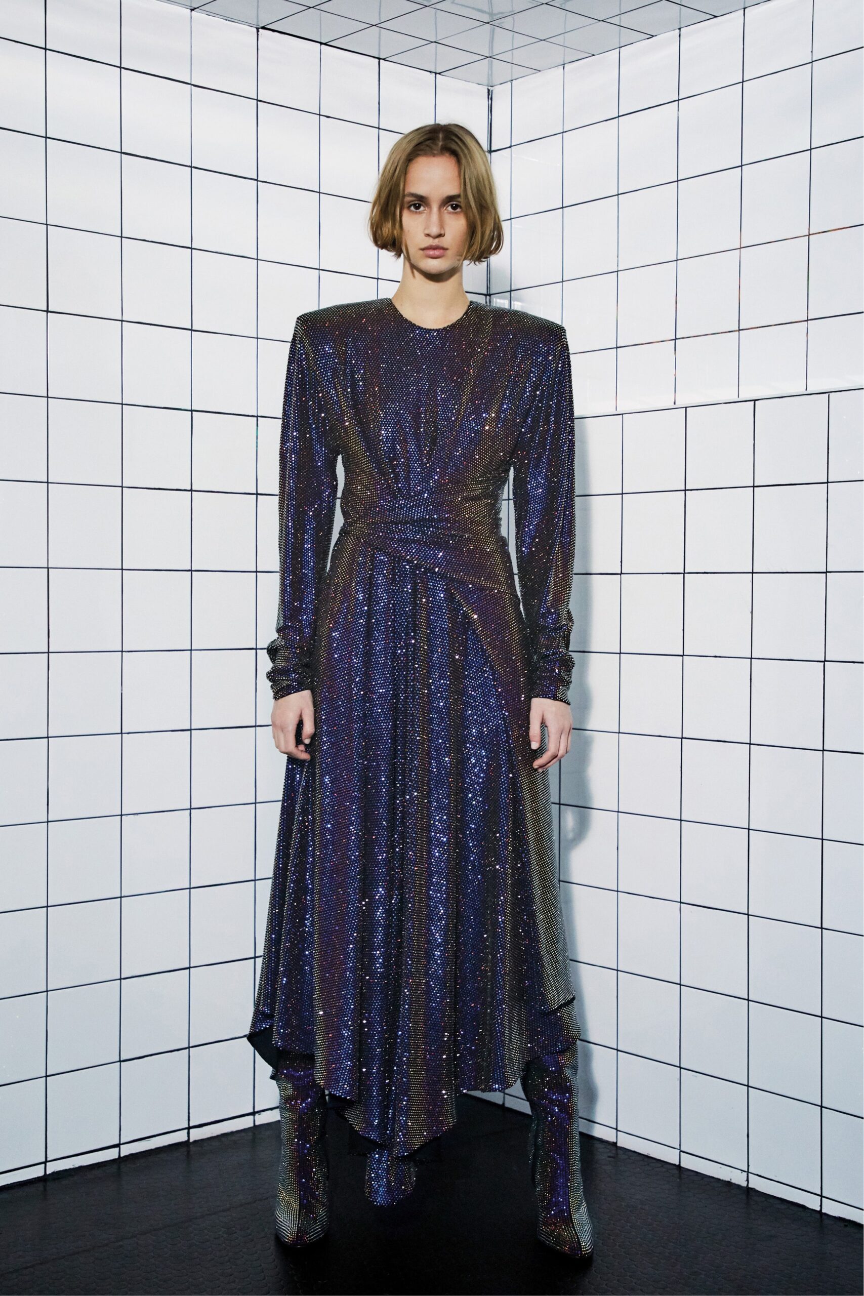 blue purple shiny draped dress