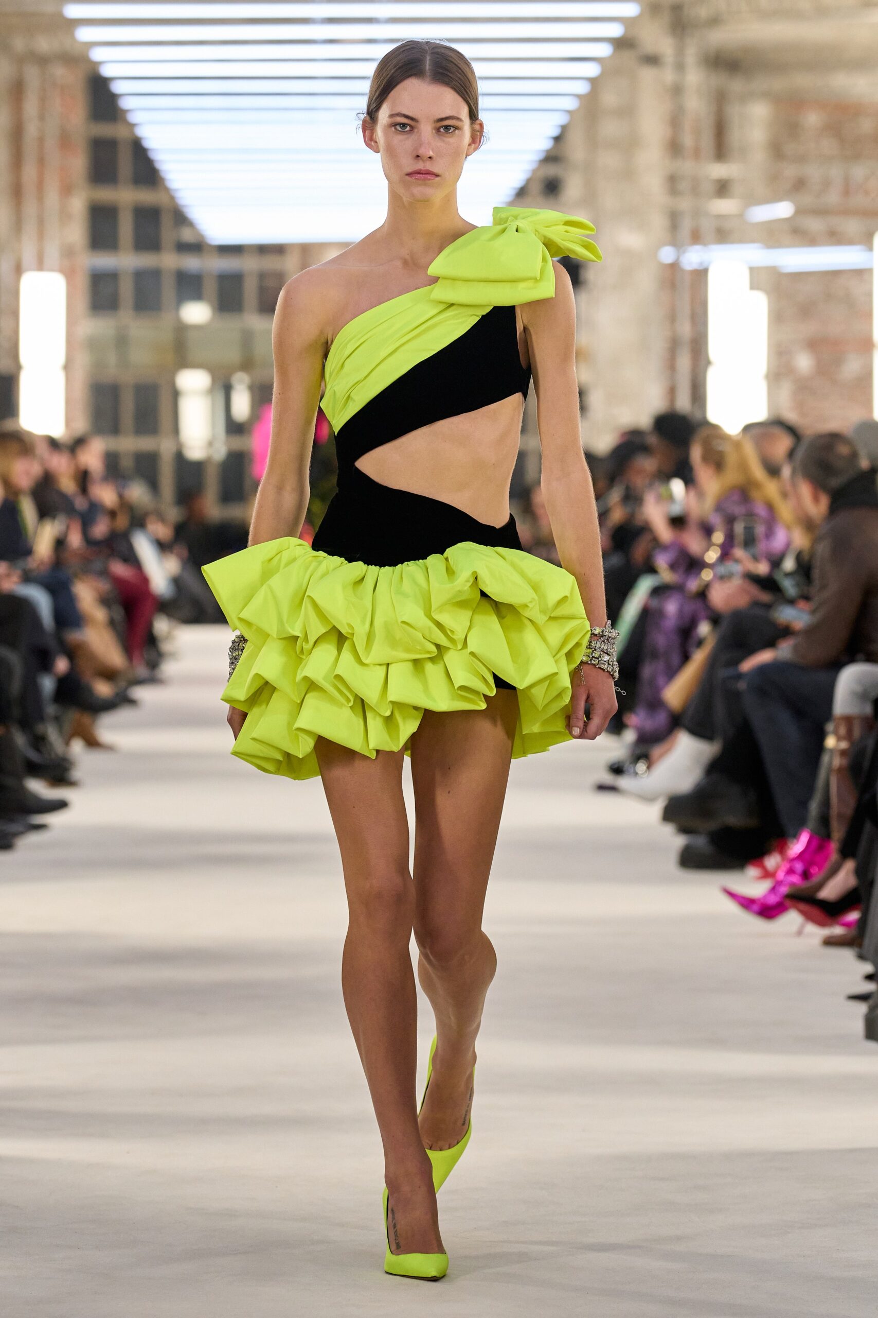 black and yellow ruffled mini dress
