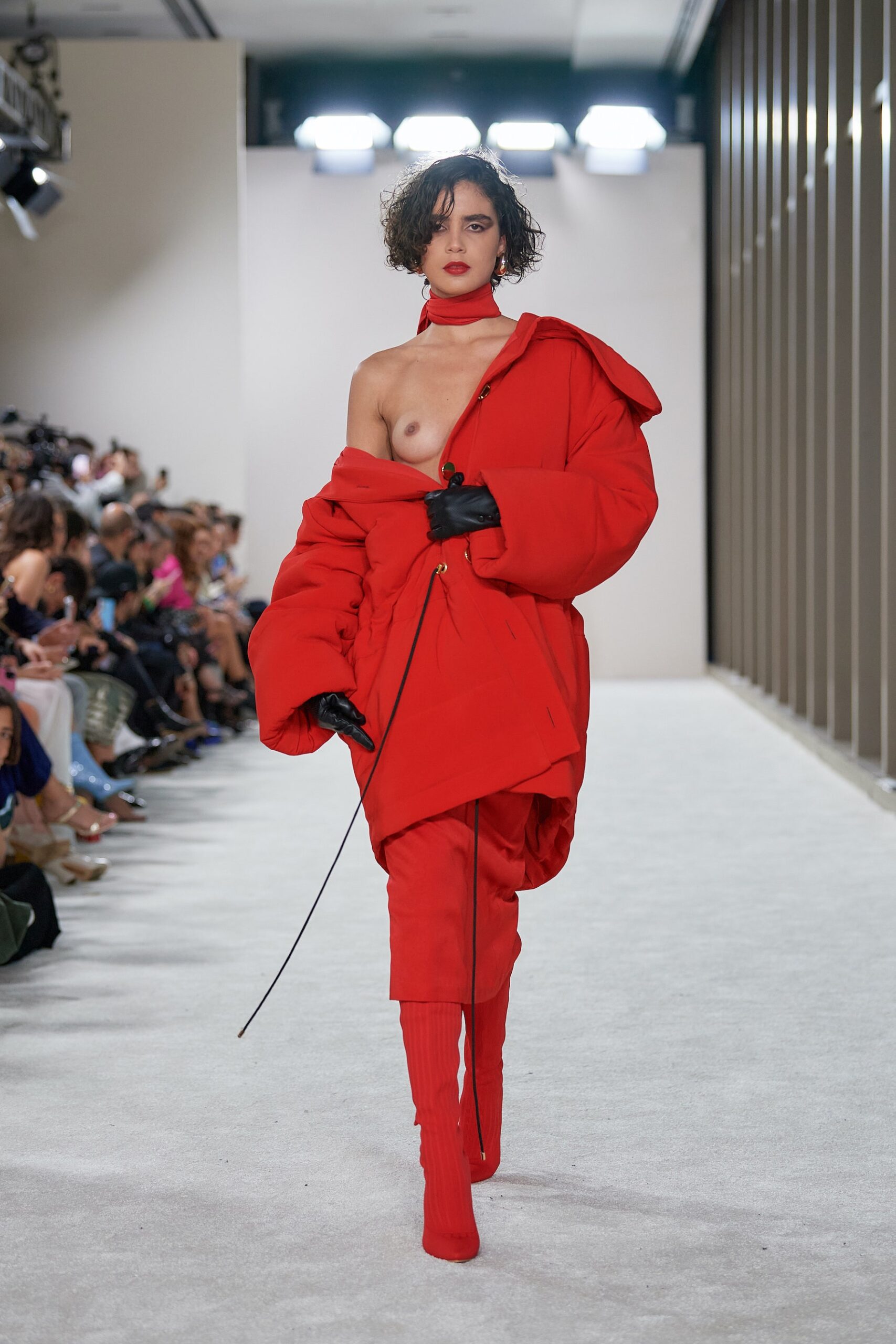 red cotton long-sleeve collared oversized zippered jacket