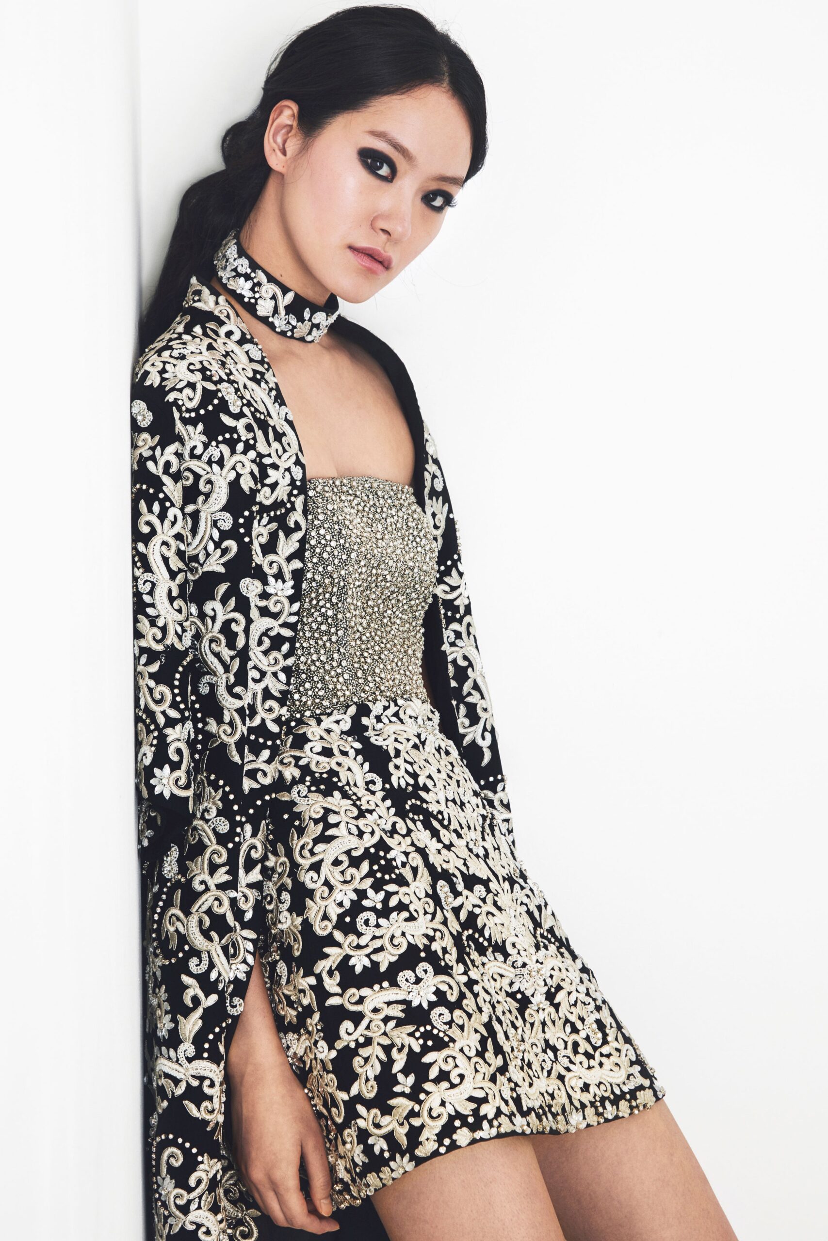 black gold embroidered mini dress
